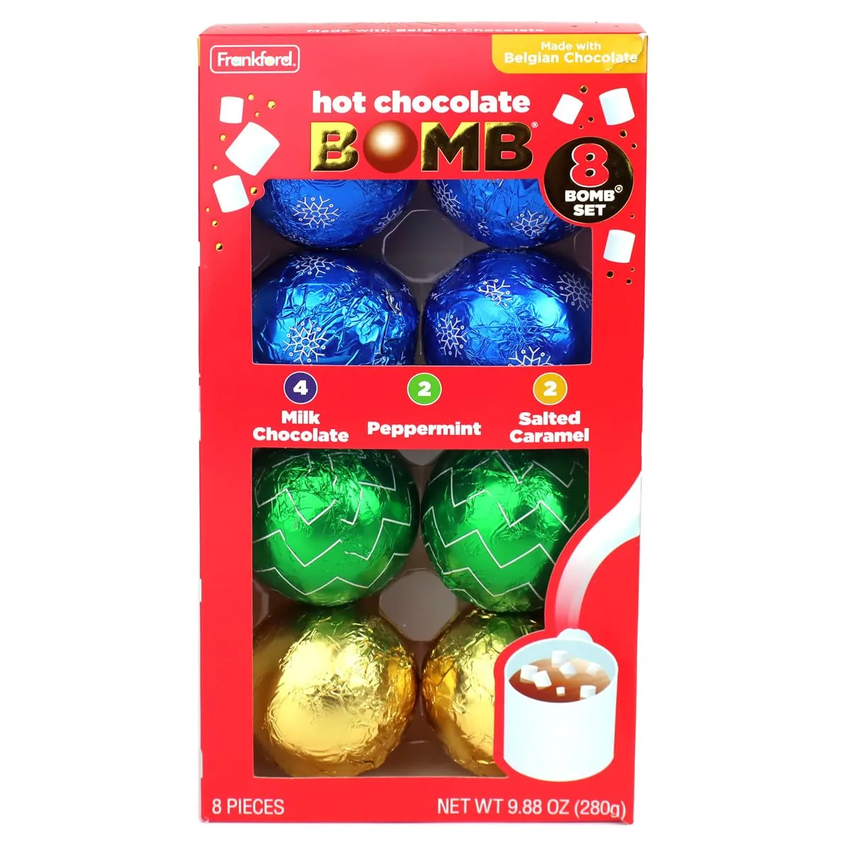 Frankford Hot Chocolate BOMB Variety Pack of 8 Individually Wrapped Hot Cocoa Balls Gift Set, Salted Caramel, Milk Chocolate, Peppermint, Winter Beverage