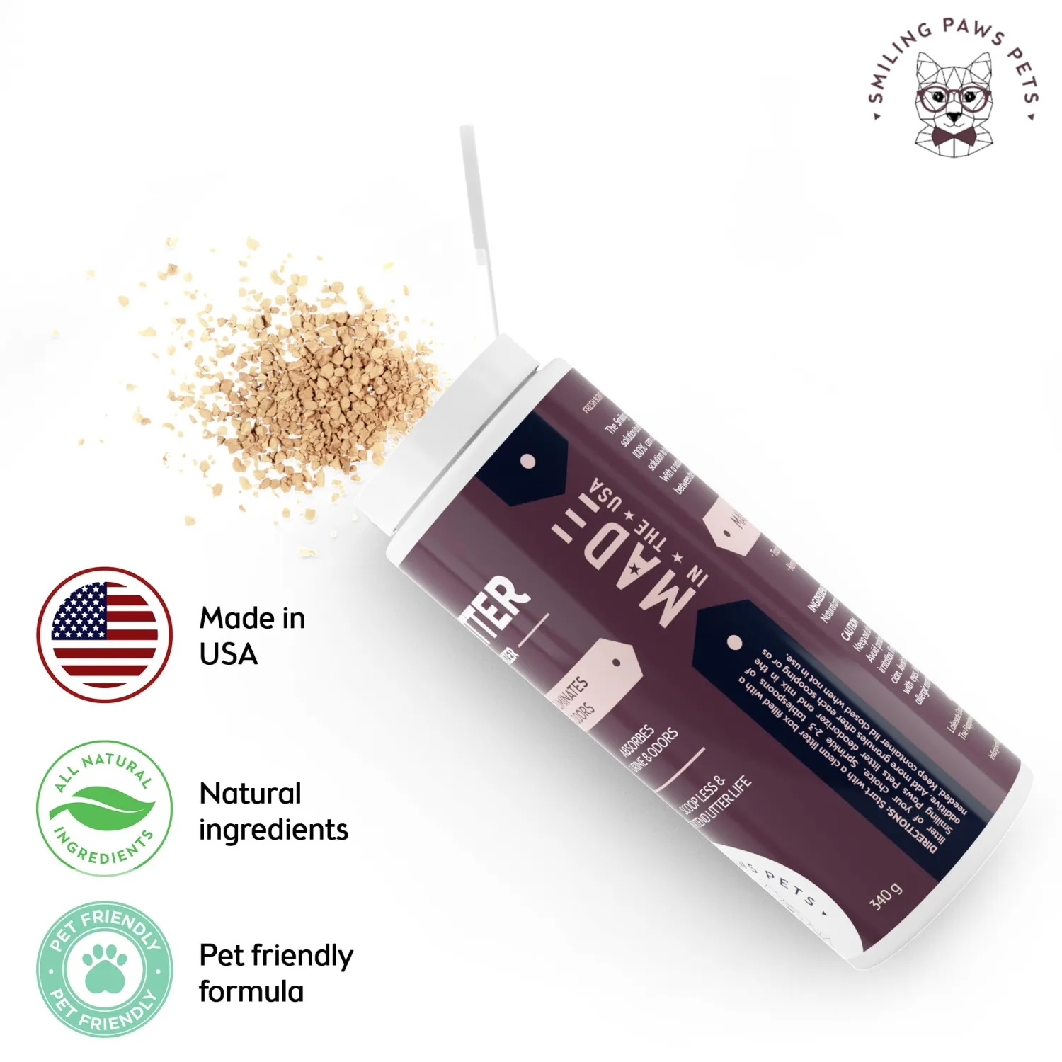 Smiling Paws Pets Organic Cat Litter Deodorizer - Kitty Litter Deodorizer, Box Scent Remover, and Moisture Absorber - Keeps Litter 100% Fresh - 3-in-1 Pet Odor Eliminator and Neutralizer