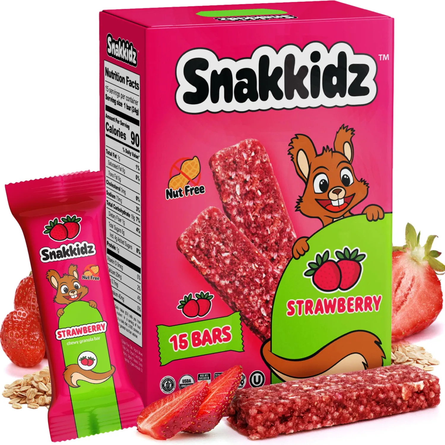 Snakkidz Organic Chewy Granola Bar, Allergen Free, Made with Avocado Oil, Low Sugar (15 Bars, Strawberry)