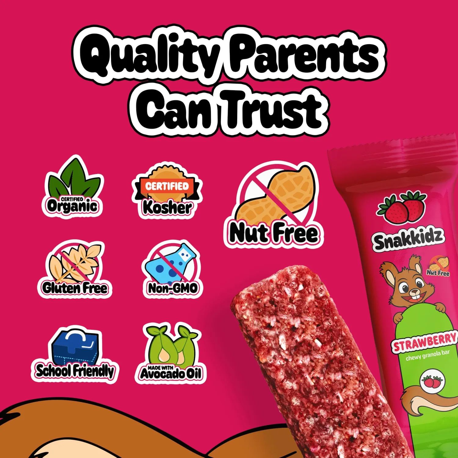 Snakkidz Organic Chewy Granola Bar, Allergen Free, Made with Avocado Oil, Low Sugar (15 Bars, Strawberry)