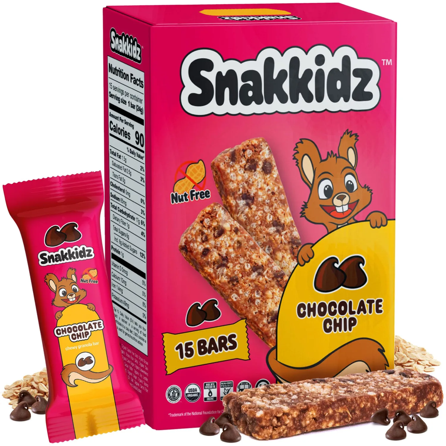Snakkidz Organic Chewy Granola Bars for Kids, Allergen-Free, Nut-Free, Gluten-Free, Low Sugar Snack Bars Made with Avocado Oil, Individually Wrapped, School Lunch Snacks, Bulk Pack of 15, Chocolate Chip