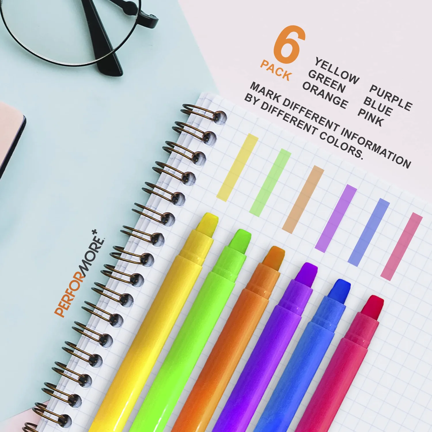 Performore - 6 Pack Student Gel Highlighters Assorted Colors, 6 Different Bright Highlight Colors Yellow, Pink, Green, Blue & more, Multicolor No Bleed & Smearing Marker Pens for Journaling & Studying