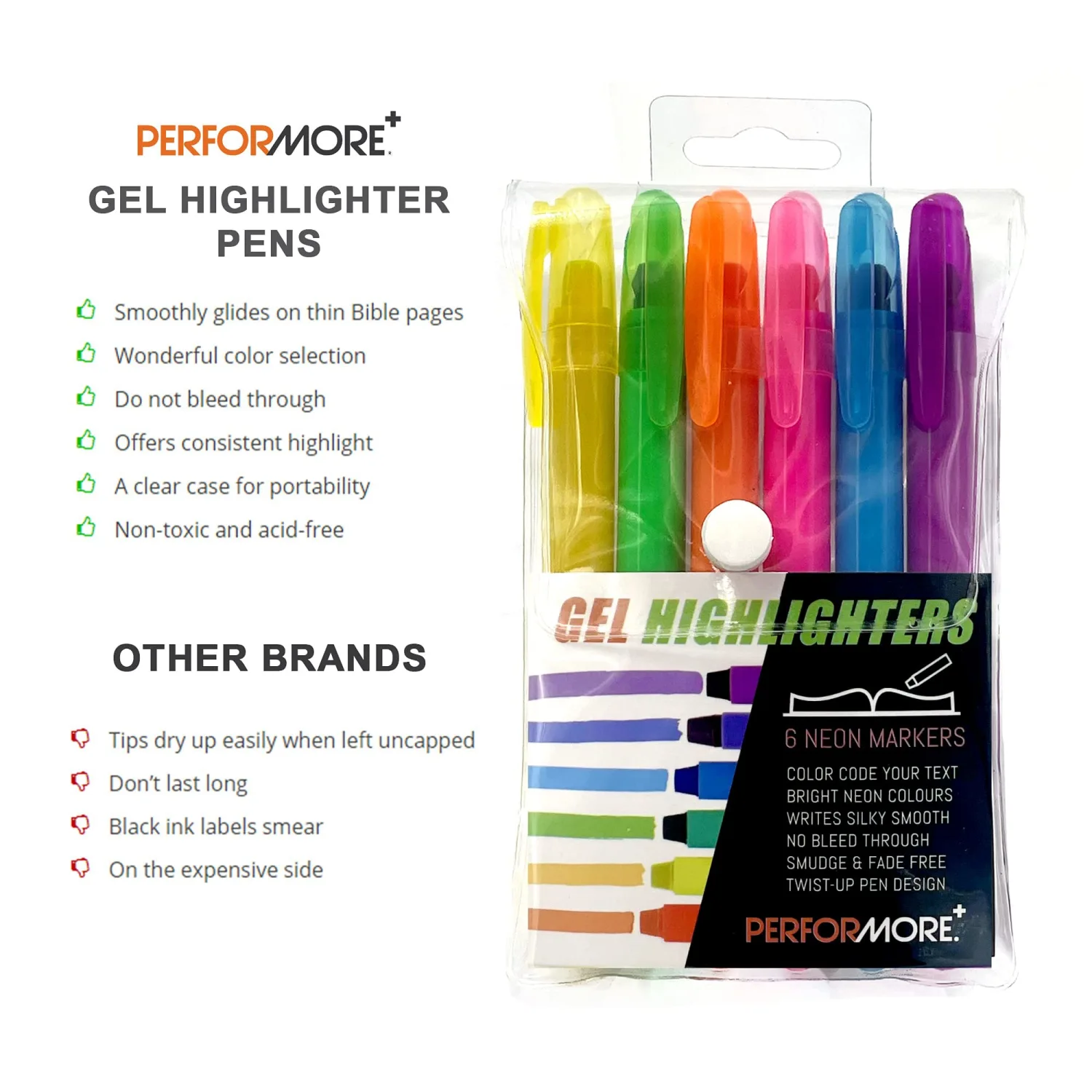 Performore - 6 Pack Student Gel Highlighters Assorted Colors, 6 Different Bright Highlight Colors Yellow, Pink, Green, Blue & more, Multicolor No Bleed & Smearing Marker Pens for Journaling & Studying