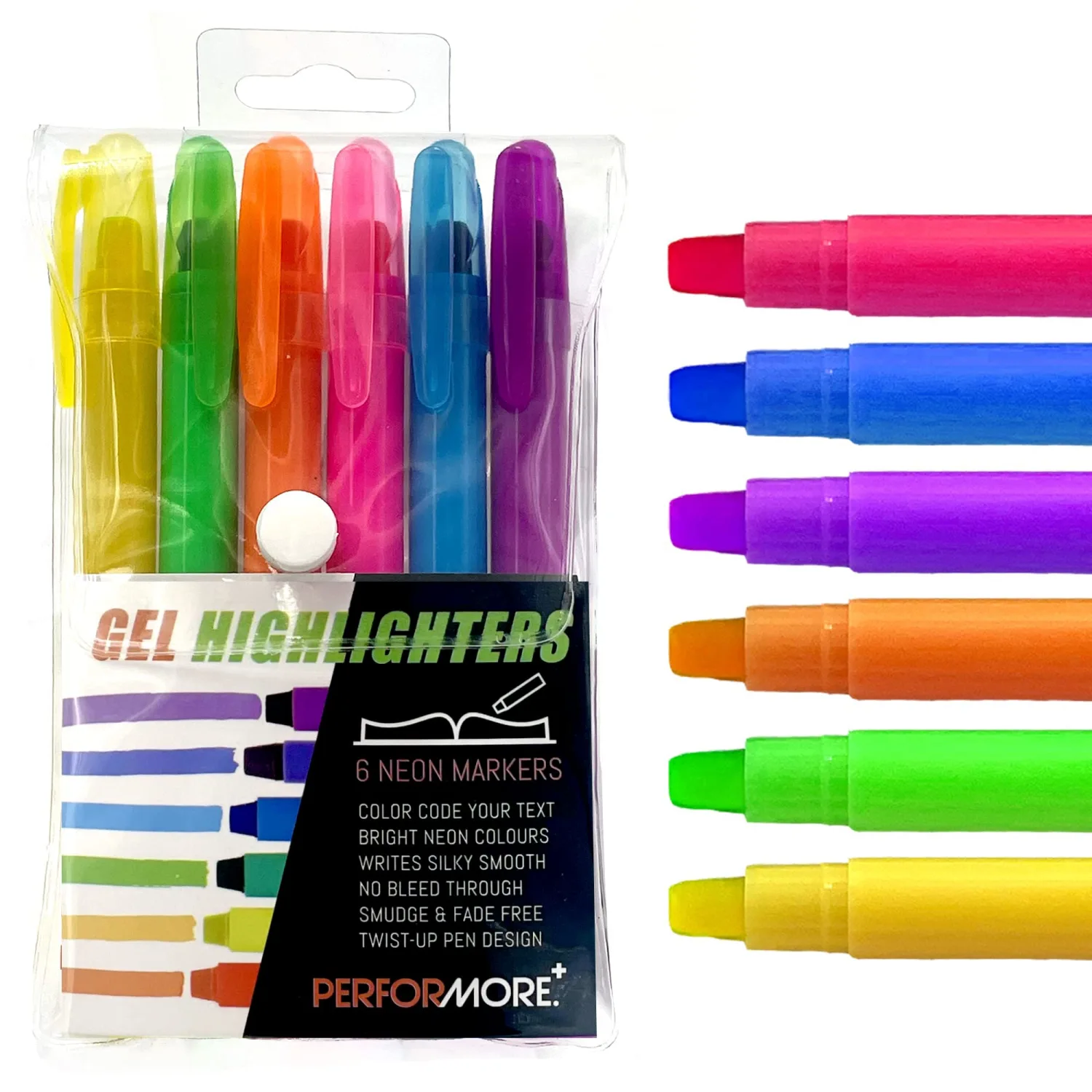 Performore - 6 Pack Student Gel Highlighters Assorted Colors, 6 Different Bright Highlight Colors Yellow, Pink, Green, Blue & more, Multicolor No Bleed & Smearing Marker Pens for Journaling & Studying