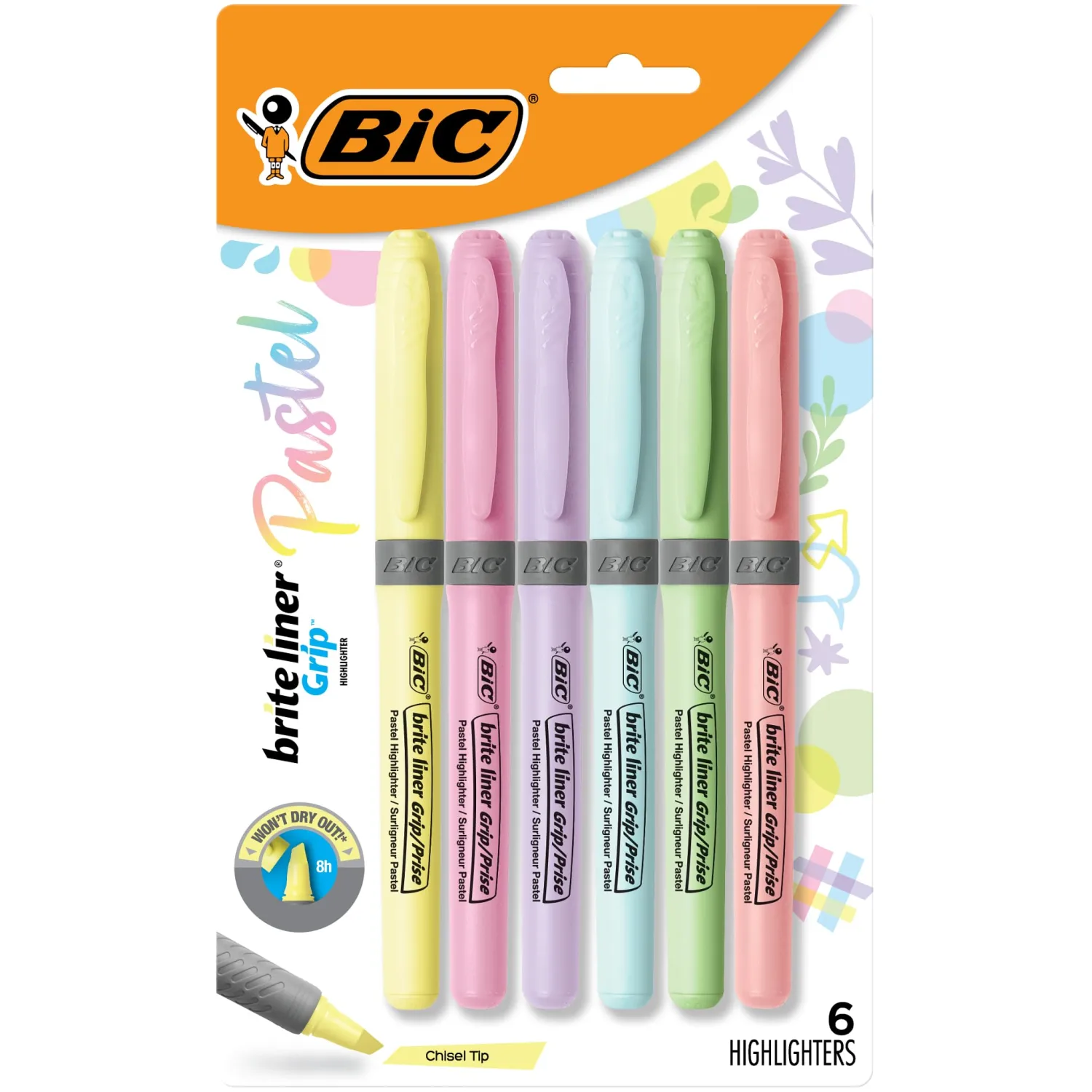 BIC Brite Liner Grip Pocket MINI Highlighter, Pastel Ink Colors, Chisel Tip, 6 Count (Pack of 1)