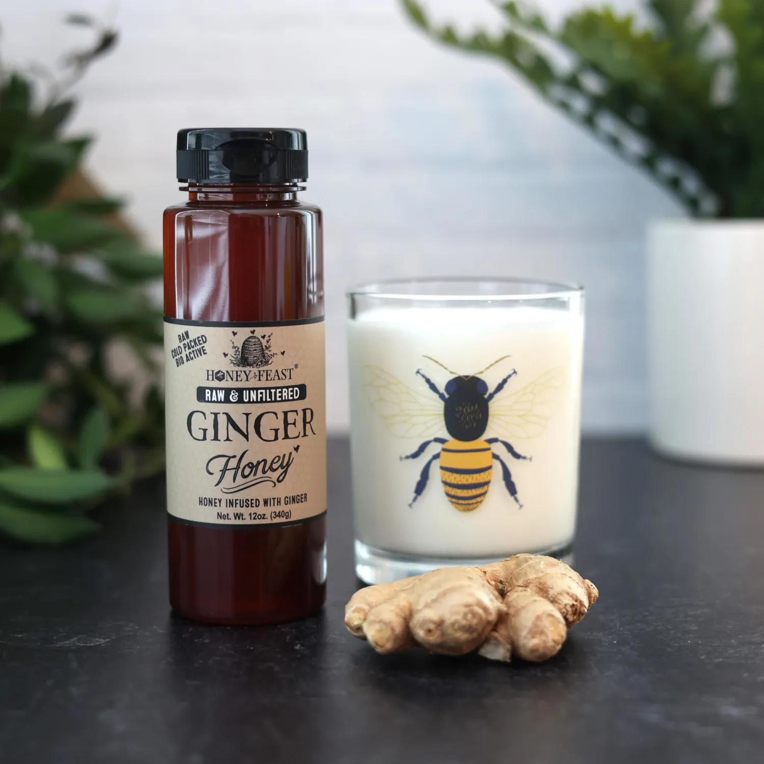 HONEY FEAST Ginger Honey, 12oz | Natural Ginger Root Infused Raw Honey | Unfiltered Florida Honey | Perfect for Tea and Cooking
