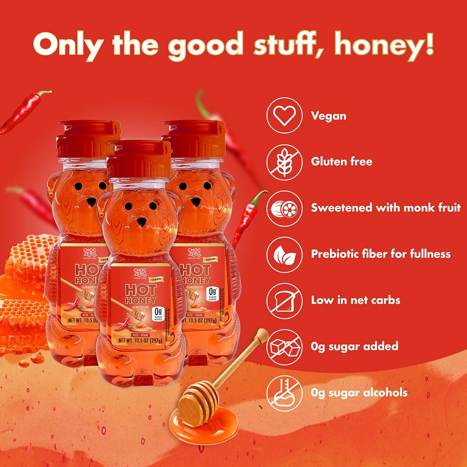ChocZero Hot Honey, Sugar Free Spicy Honey, New Recipe, Keto, Vegan, All Natural, Infused with Red Chili Peppers, 10.5 Ounce (Pack of 1)