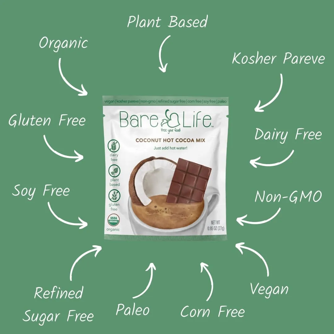 Bare Life: Dairy Free Coconut Hot Cocoa Mix | Single Serving 0.95 Oz (10 Pack) | Gluten Free, Vegan, Organic, Plant Based, Paleo, Soy Free, Corn Free, Lactose Free, Refined Sugar Free Hot Chocolate