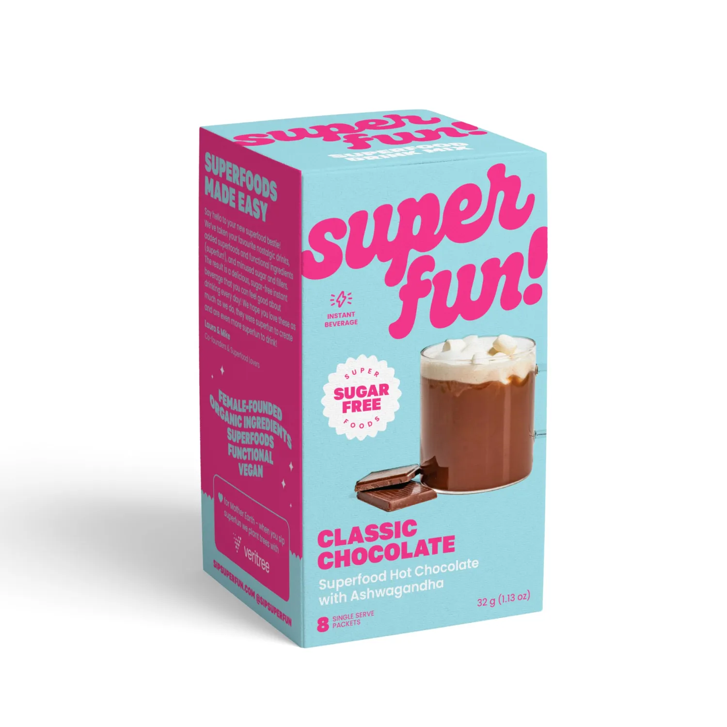 Superfun! - Classic Instant Hot Chocolate with Ashwagandha. Sugar-free + Superfoods + Organic Hot Cocoa Powder. 8 single serving stick packs. Instant Drink Mix with Stevia and Adaptogens.