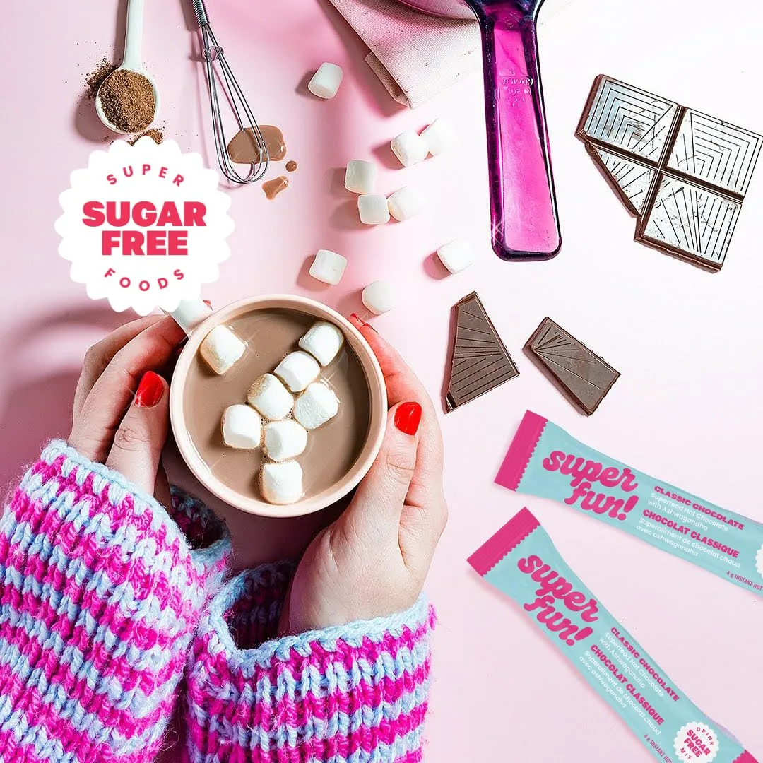 Superfun! - Classic Instant Hot Chocolate with Ashwagandha. Sugar-free + Superfoods + Organic Hot Cocoa Powder. 8 single serving stick packs. Instant Drink Mix with Stevia and Adaptogens.