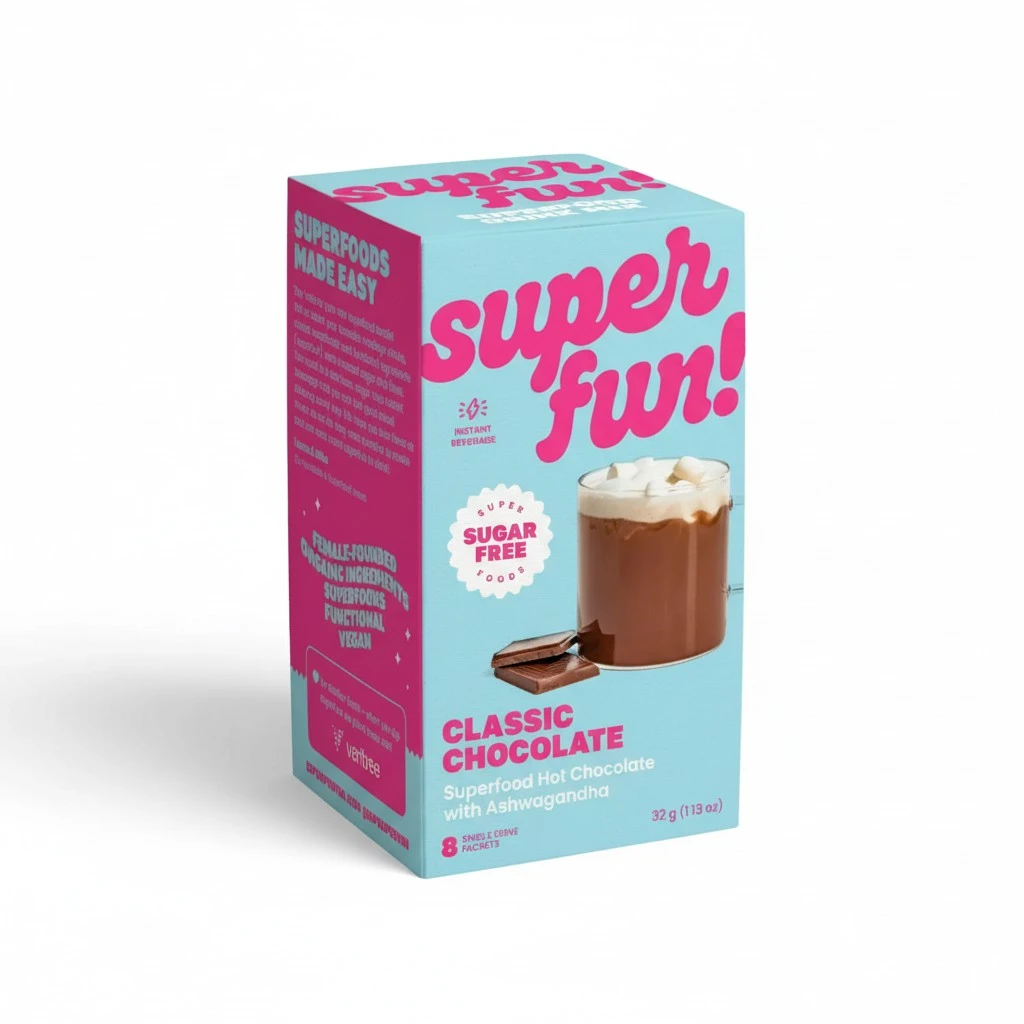 Superfun! - Classic Instant Hot Chocolate with Ashwagandha. Sugar-free + Superfoods + Organic Hot Cocoa Powder. 8 single serving stick packs. Instant Drink Mix with Stevia and Adaptogens.