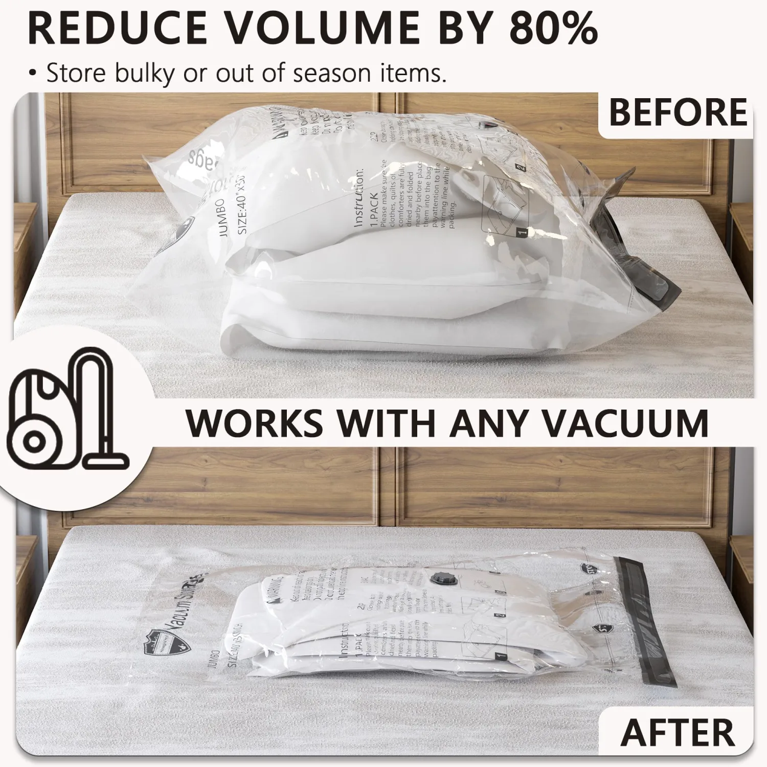 SUOCO 6 Combo Vacuum Storage Bags, Travel Clothes Space Saver Bags, Compression Airtight Seal Bags for Clothing, Pillows, Comforters, Blankets (Pump Not Included)