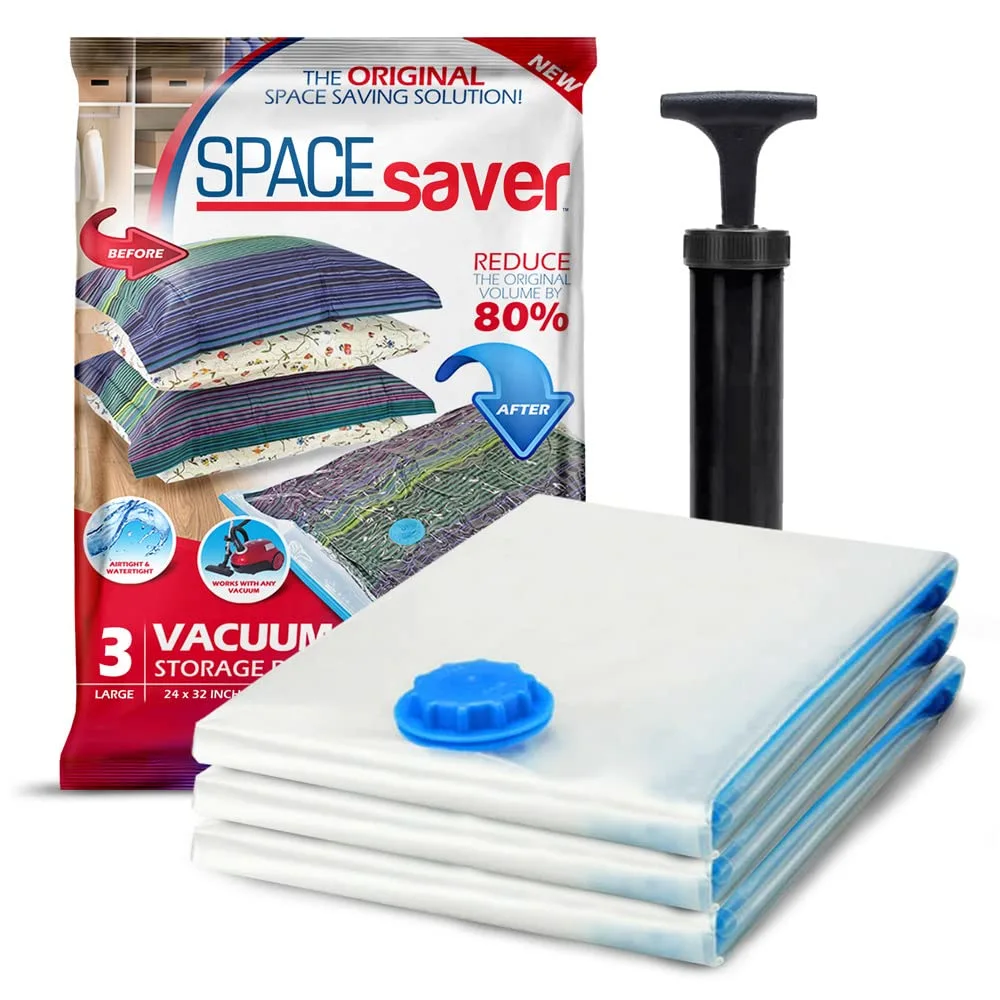 Spacesaver Vacuum Storage Bags (Large 3 Pack) Save 80% on Clothes Storage Space - Vacuum Sealer Bags for Comforters, Blankets, Bedding, Clothing - Compression Seal for Closet Storage. Pump for Travel.