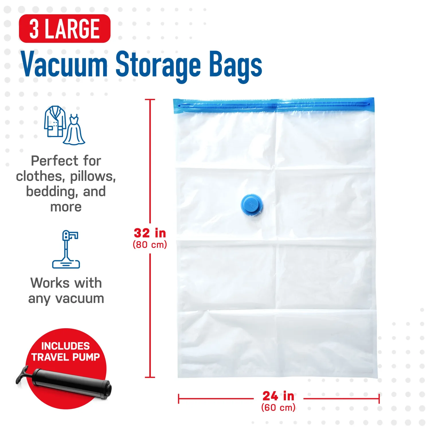 Spacesaver Vacuum Storage Bags (Large 3 Pack) Save 80% on Clothes Storage Space - Vacuum Sealer Bags for Comforters, Blankets, Bedding, Clothing - Compression Seal for Closet Storage. Pump for Travel.