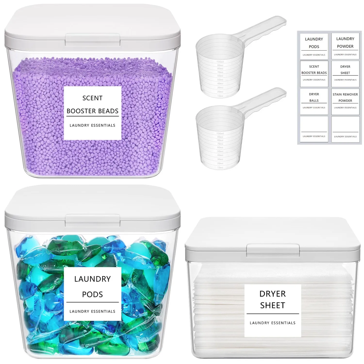 Lifewit 3 Pack 0.72 Gal Laundry Pods container & 0.5 Gal Dryer Sheets Holder Sets, Press-and-Pop Lids, Laundry Room Organization and Storage for Booster Beads with Labels and Measuring Scoops