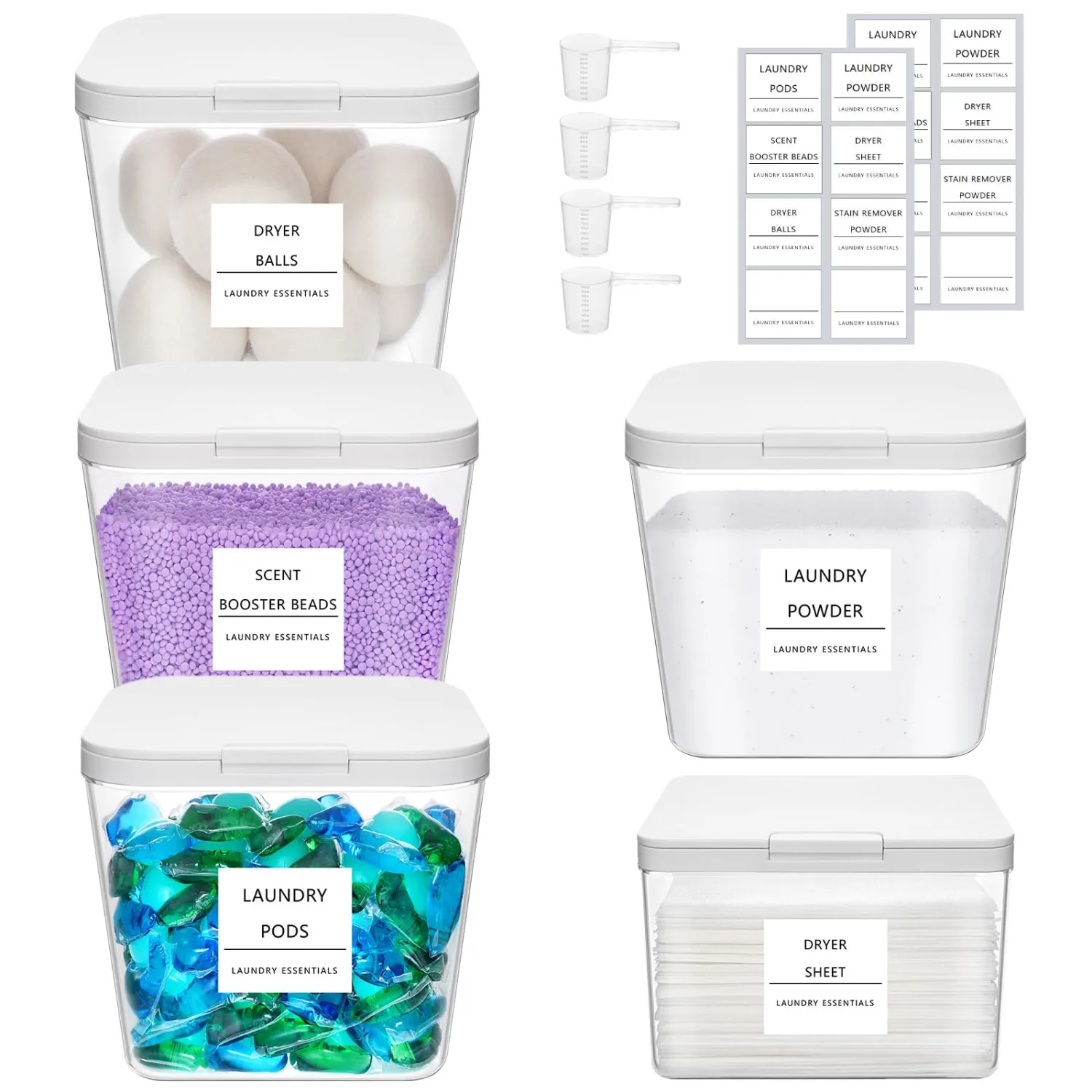 Lifewit 5 Pack 0.72 Gal Laundry Pods container & 0.5 Gal Dryer Sheets Holder Sets, Press-and-Pop Lids, Laundry Room Organization and Storage for Booster Beads with Labels and Measuring Scoops