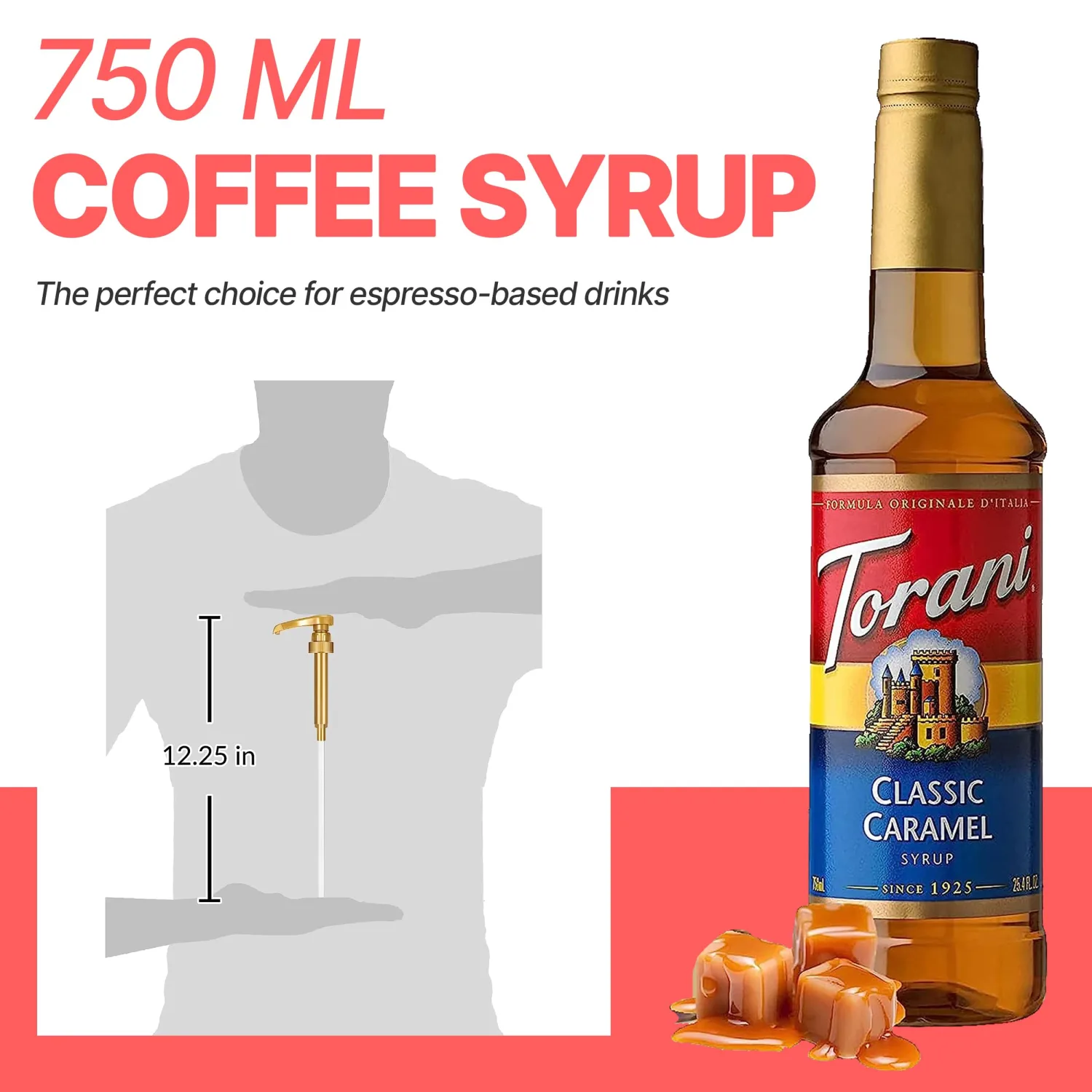 Coffee Syrup Variety Pack - French Vanilla and Classic Caramel Syrup for Coffee with 2 Jimoco Syrup Pump Dispenser Compatible with 25.4 Ounces Syrup Bottle