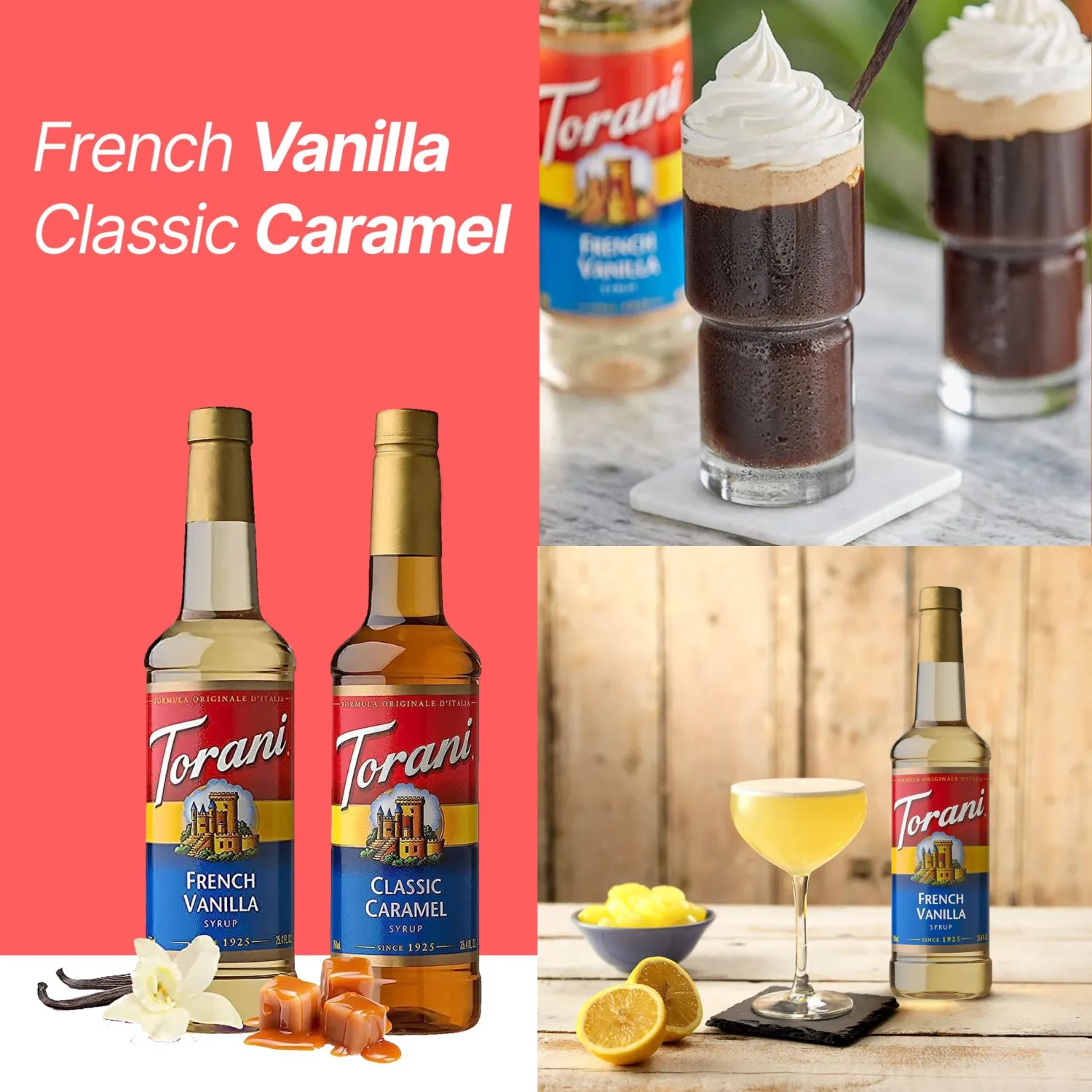 Coffee Syrup Variety Pack - French Vanilla and Classic Caramel Syrup for Coffee with 2 Jimoco Syrup Pump Dispenser Compatible with 25.4 Ounces Syrup Bottle