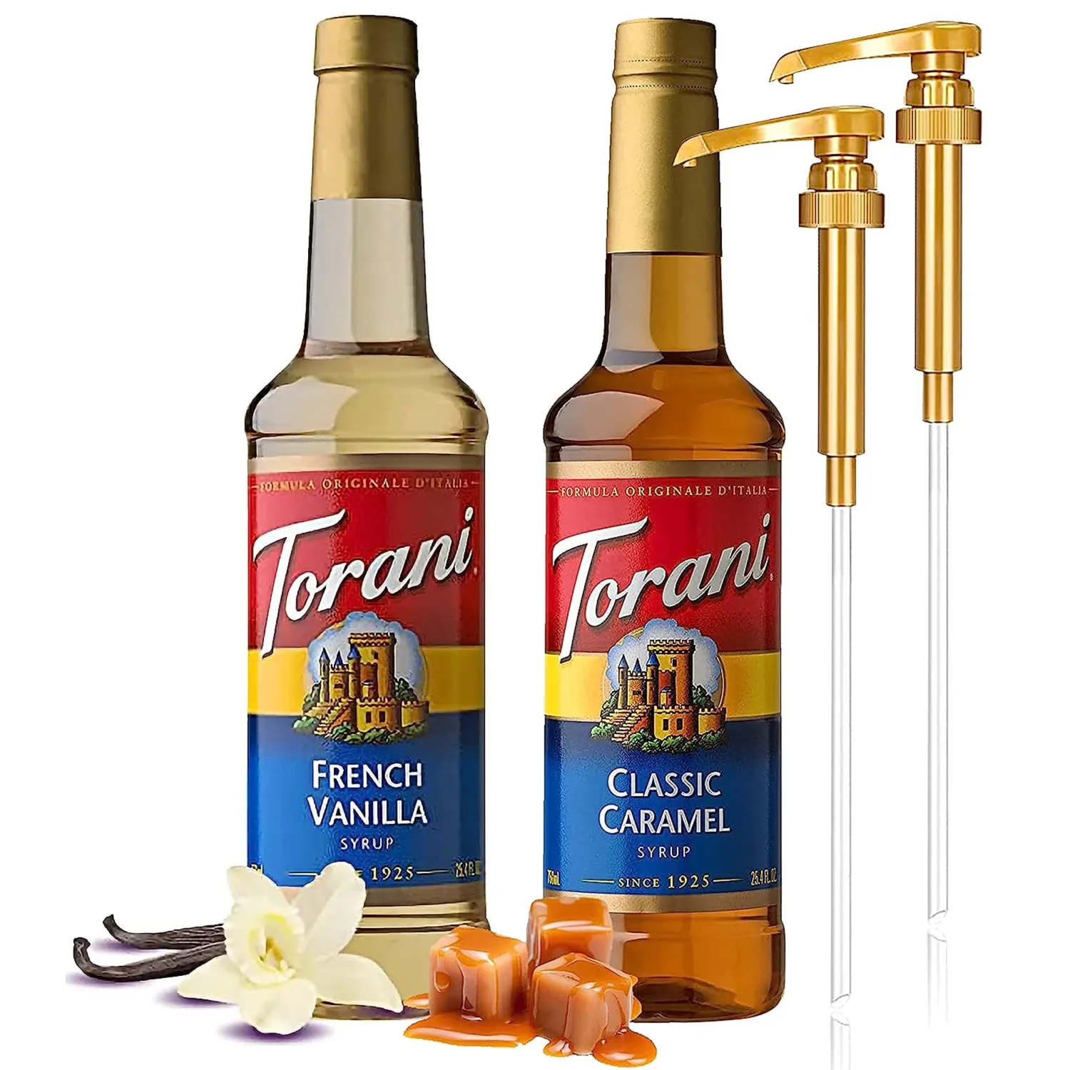 Coffee Syrup Variety Pack - French Vanilla and Classic Caramel Syrup for Coffee with 2 Jimoco Syrup Pump Dispenser Compatible with 25.4 Ounces Syrup Bottle