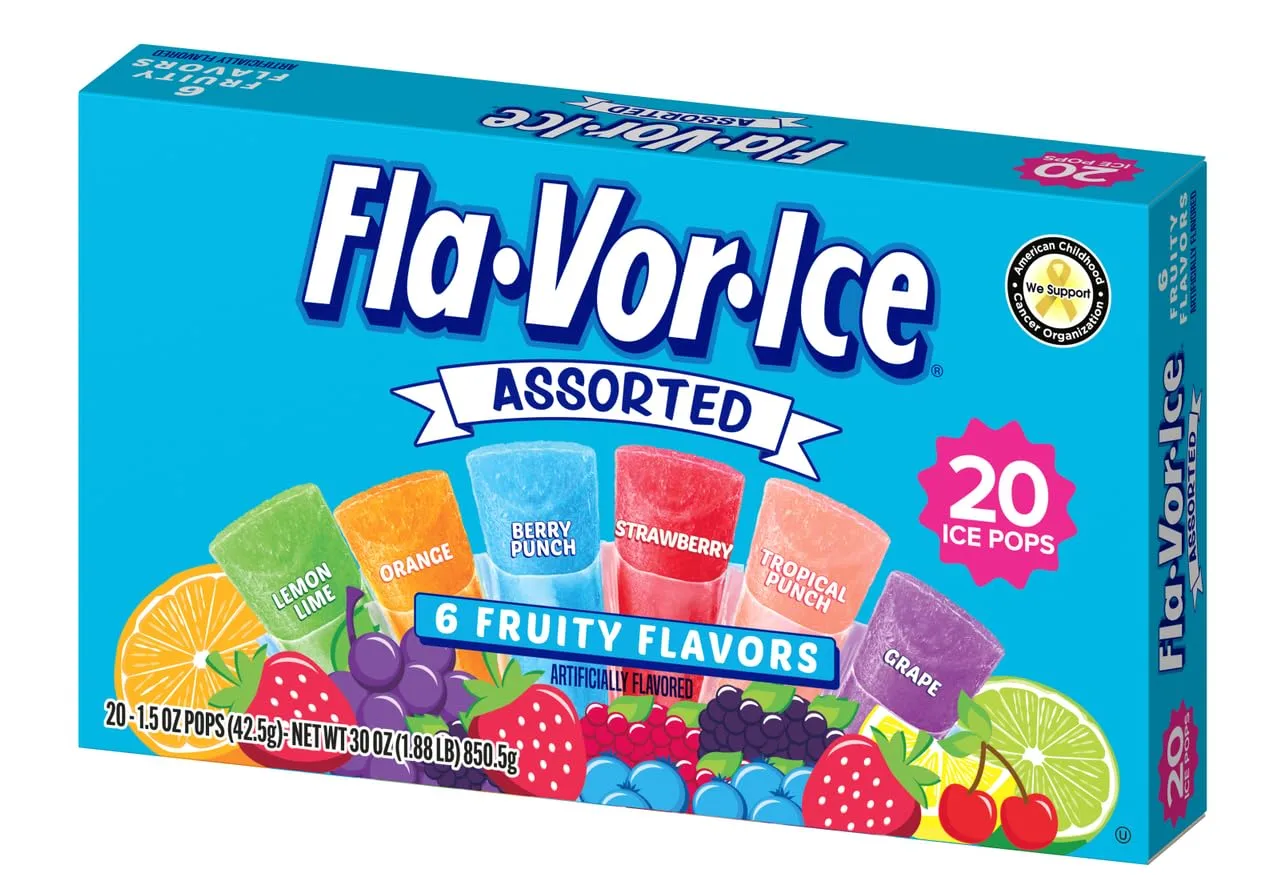 The Jel Sert Company Fla-Vor-Ice Assorted Flavors - Pack of 2-20 Ice Pops Per Box - 40 Total Ice Pops - 6 Fruity Flavors - Lemon Lime, Orange, Berry Punch, Strawberry, Tropical Punch, and Grape