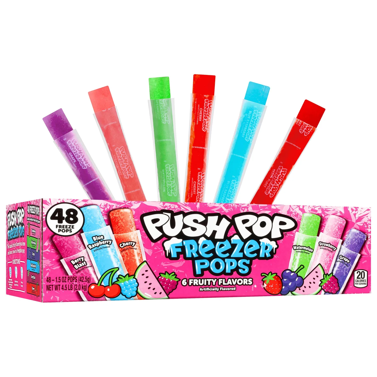 Push Pop Freezer Pops - Ice Popsicles Individually Wrapped Variety Pack - 6 Classic Fruity Flavors - Fun Colored Ice Pops for Party Favors, Bulk Snacks for Kids & Frozen Treat for Parties, (48 Count)