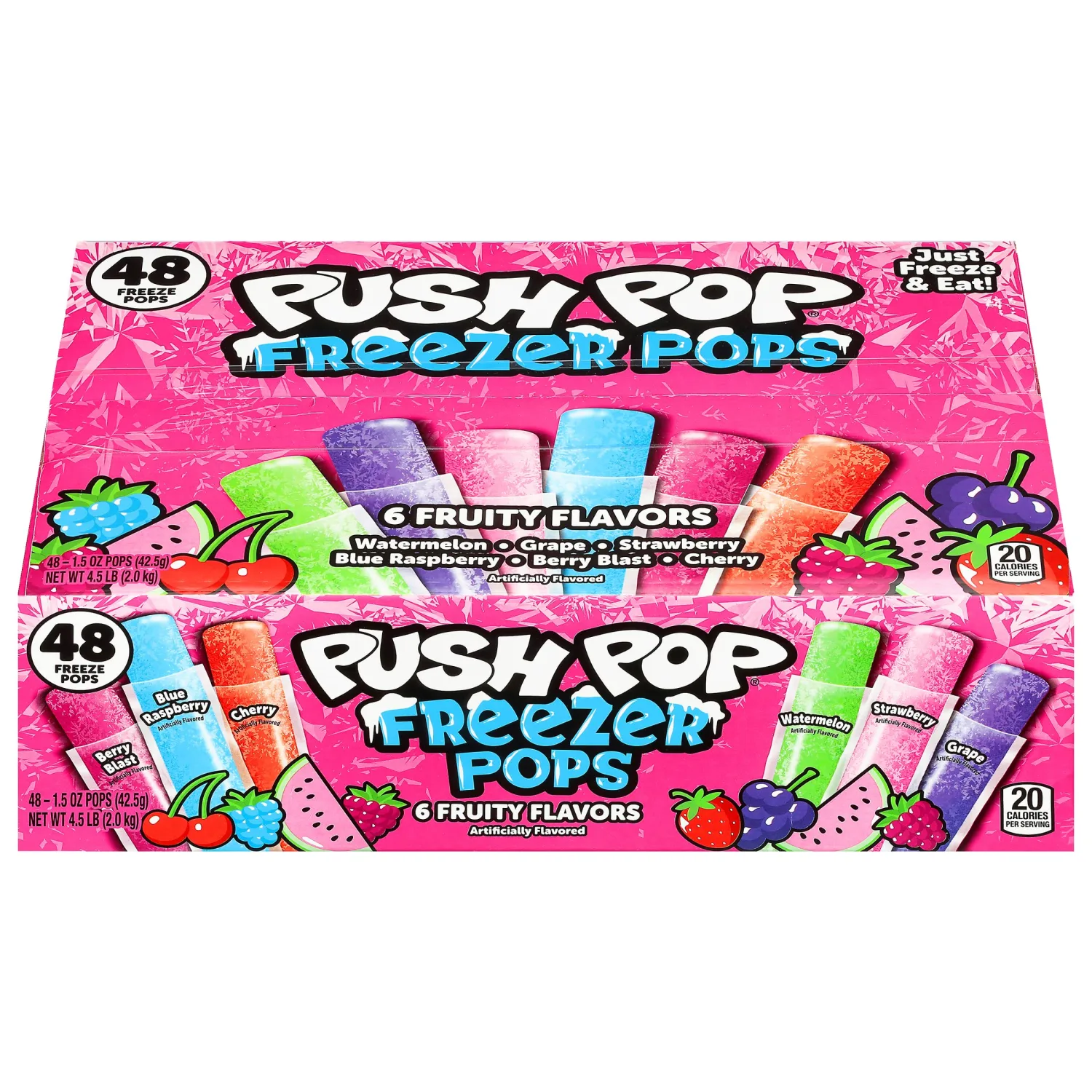 Push Pop Freezer Pops - Ice Popsicles Individually Wrapped Variety Pack - 6 Classic Fruity Flavors - Fun Colored Ice Pops for Party Favors, Bulk Snacks for Kids & Frozen Treat for Parties, (48 Count)
