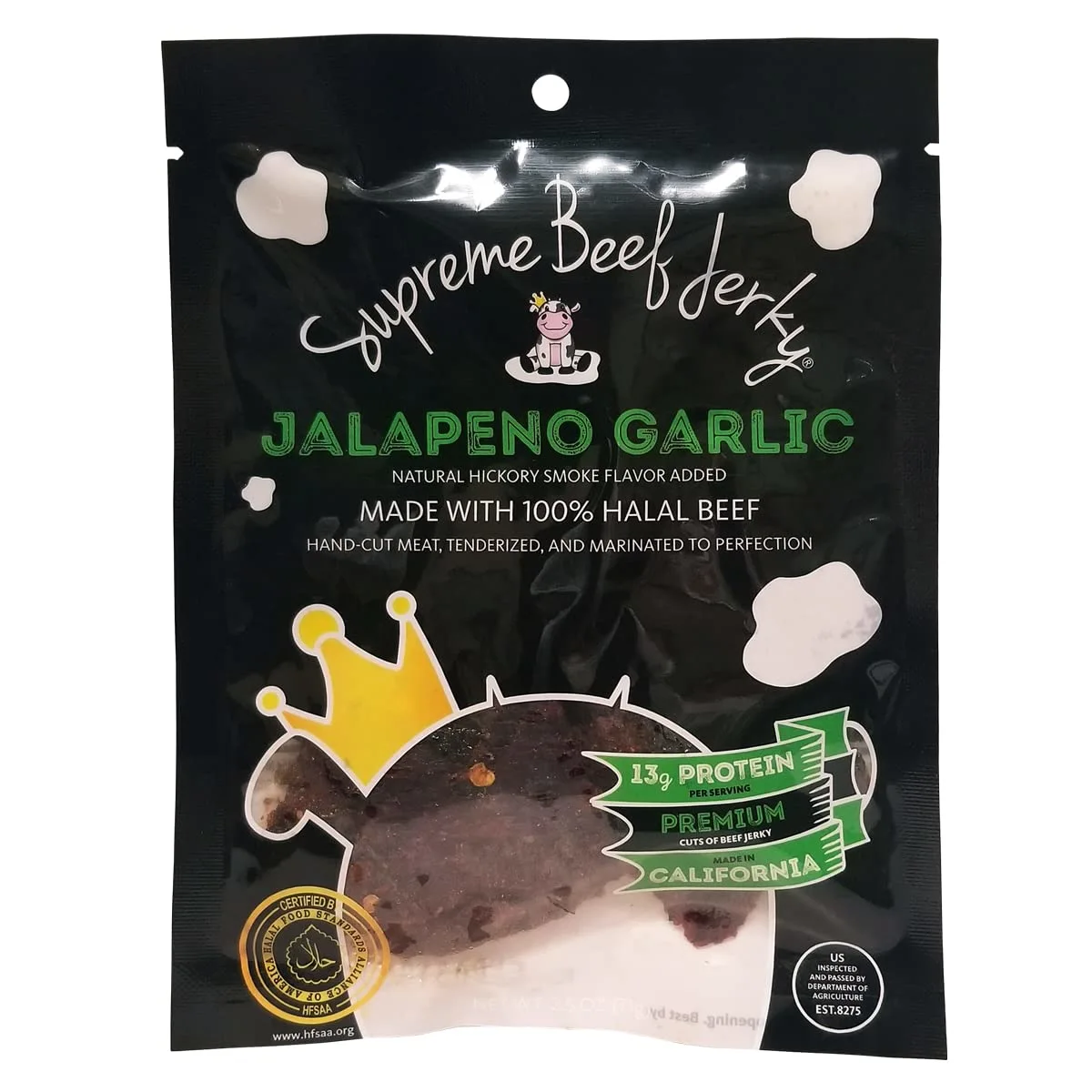 Supreme Beef Jerky, Halal Beef Jerky, Zabiha Halal Certified Beef, Handcrafted Gourmet Meat Snacks, 2.5 oz Jalapeno Garlic, 2.5 Ounce, Pack of 1
