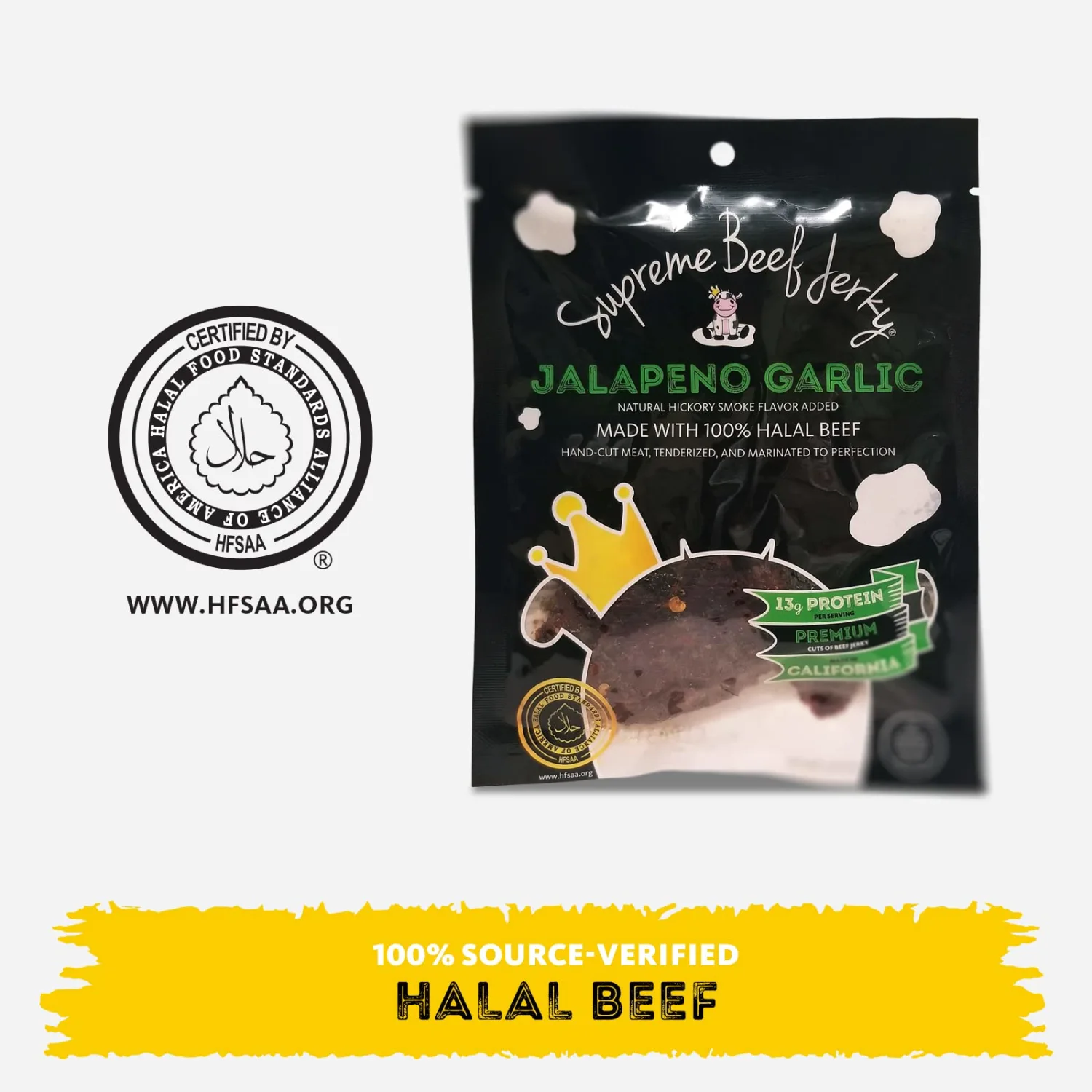 Supreme Beef Jerky, Halal Beef Jerky, Zabiha Halal Certified Beef, Handcrafted Gourmet Meat Snacks, 2.5 oz Jalapeno Garlic, 2.5 Ounce, Pack of 1
