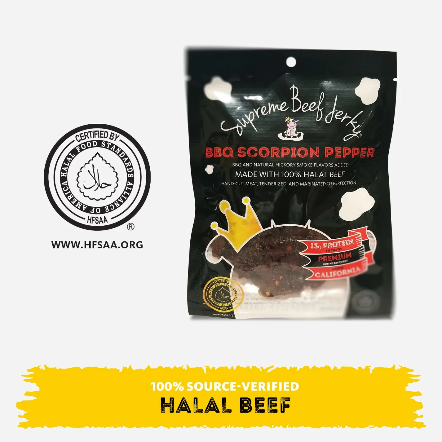 Supreme Beef Jerky, Halal Beef Jerky, Zabiha Halal Certified Beef, Handcrafted Gourmet Meat Snacks, 2.5 oz BBQ Scorpion Pepper, 2.5 Ounce, Pack of 1
