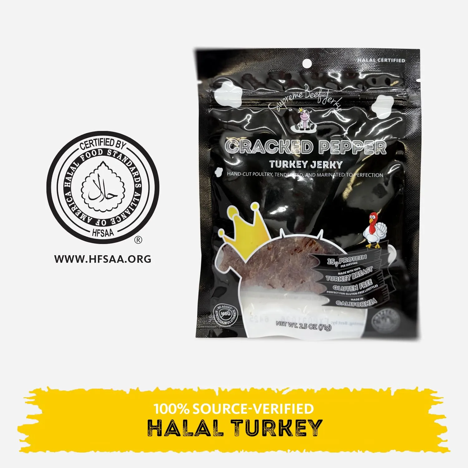 Supreme Beef Jerky, Halal Turkey Jerky, Zabiha Halal Certified Jerky, Gluten Free, Handcrafted Gourmet Meat Snacks, 2.5 oz Cracked Pepper Turkey, 2.5 Ounce, Pack of 1