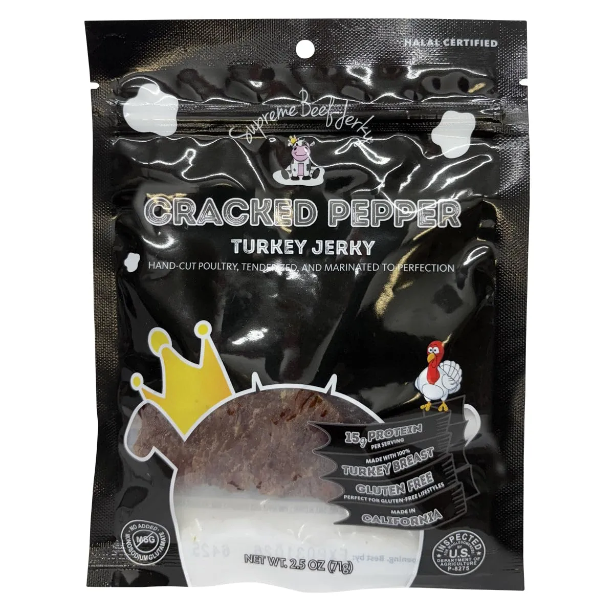 Supreme Beef Jerky, Halal Turkey Jerky, Zabiha Halal Certified Jerky, Gluten Free, Handcrafted Gourmet Meat Snacks, 2.5 oz Cracked Pepper Turkey, 2.5 Ounce, Pack of 1