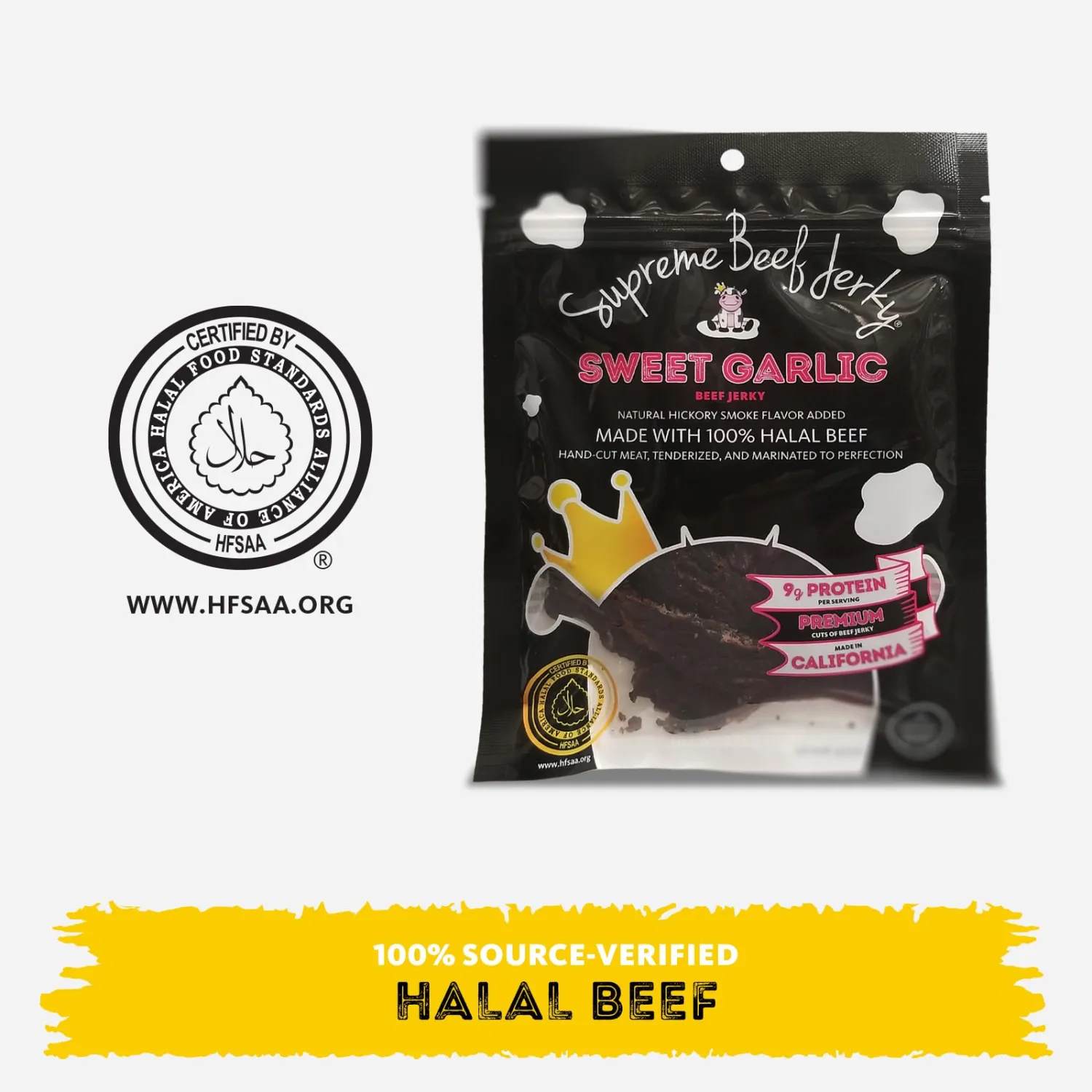 Supreme Beef Jerky, Halal Beef Jerky, Zabiha Halal Certified Beef, Handcrafted Gourmet Meat Snacks, 2.5 oz Sweet Garlic, 2.5 Ounce, Pack of 1