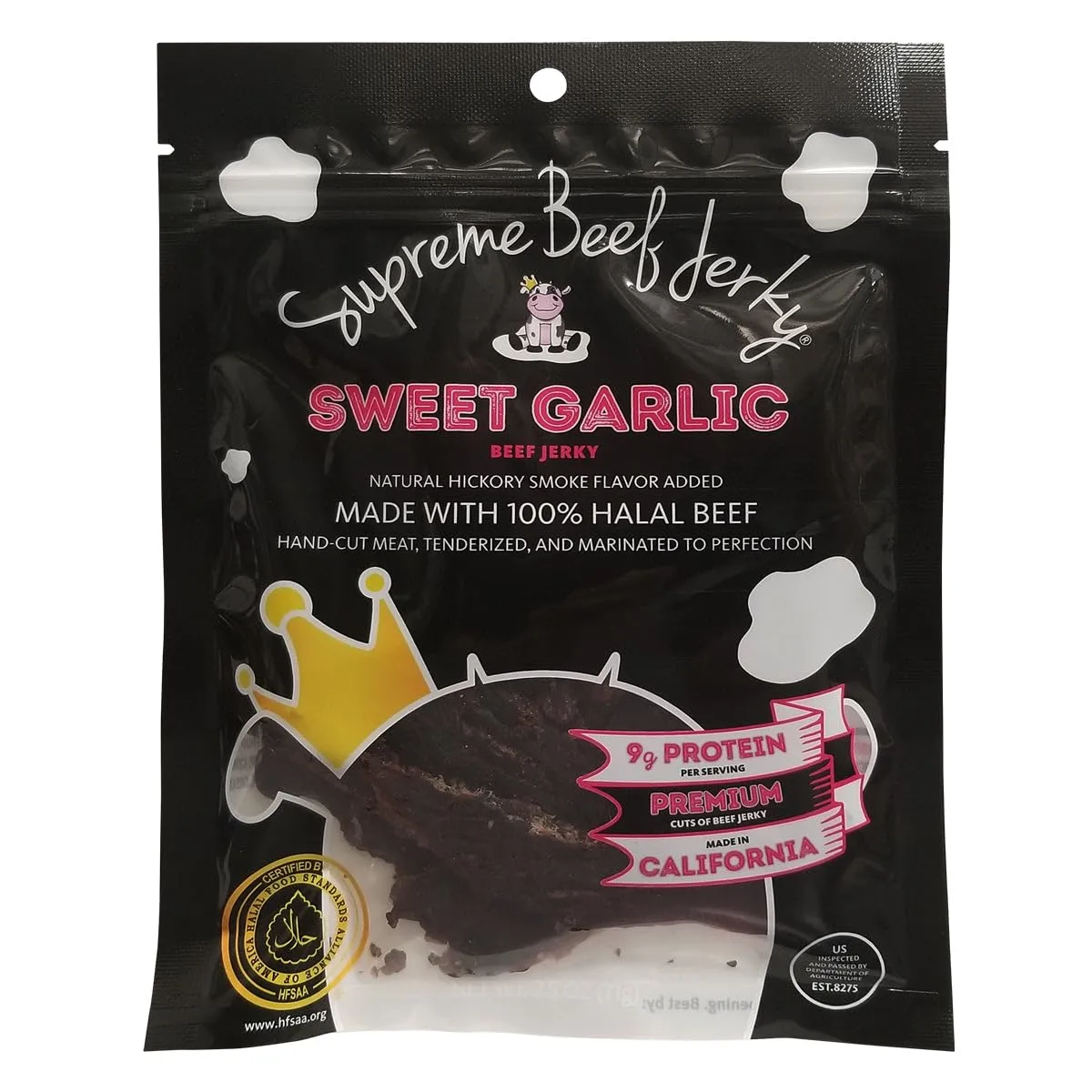 Supreme Beef Jerky, Halal Beef Jerky, Zabiha Halal Certified Beef, Handcrafted Gourmet Meat Snacks, 2.5 oz Sweet Garlic, 2.5 Ounce, Pack of 1