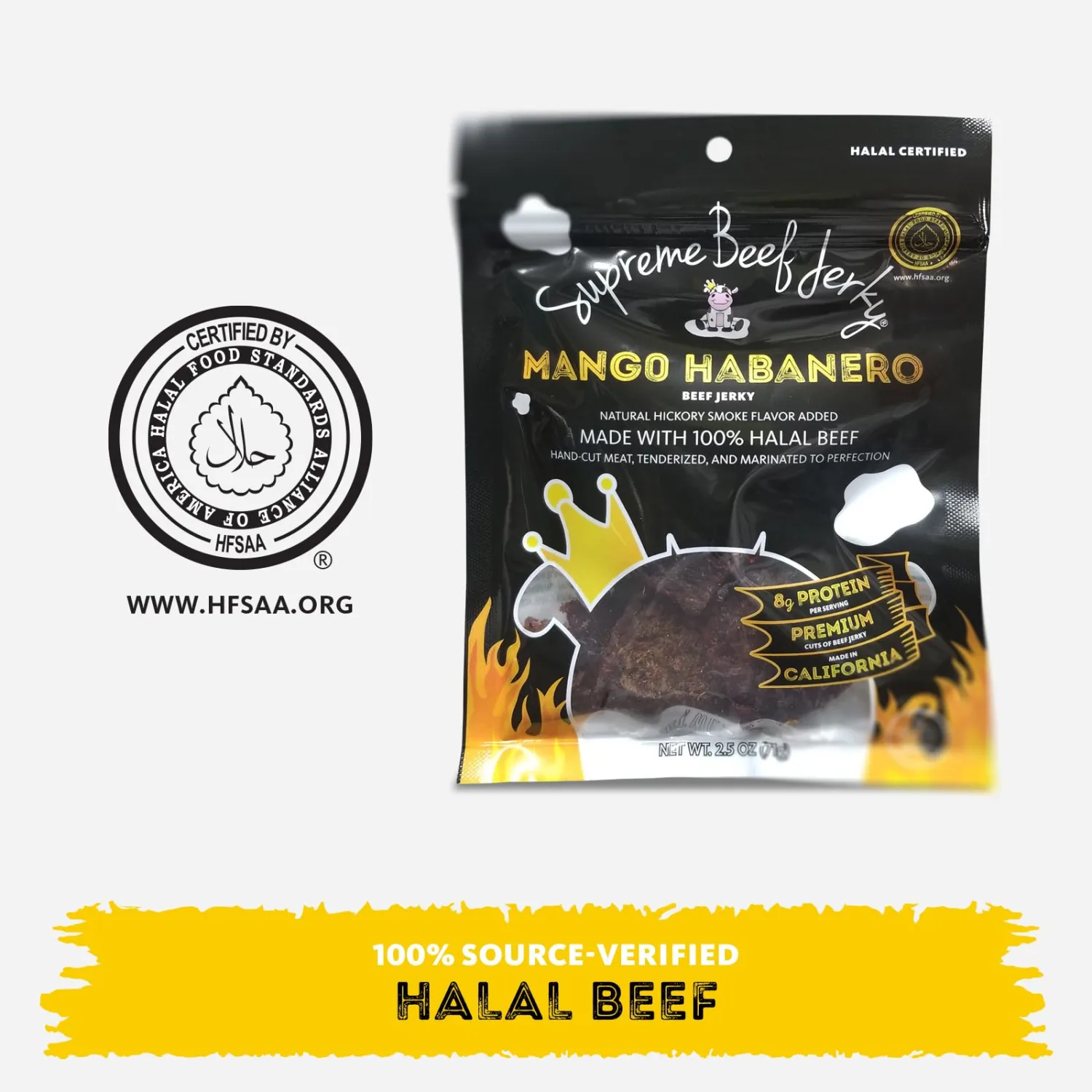 Supreme Beef Jerky, Halal Beef Jerky, Zabiha Halal Certified Beef, Handcrafted Gourmet Meat Snacks, 2.5 oz Mango Habanero, 2.5 Ounce, Pack of 1