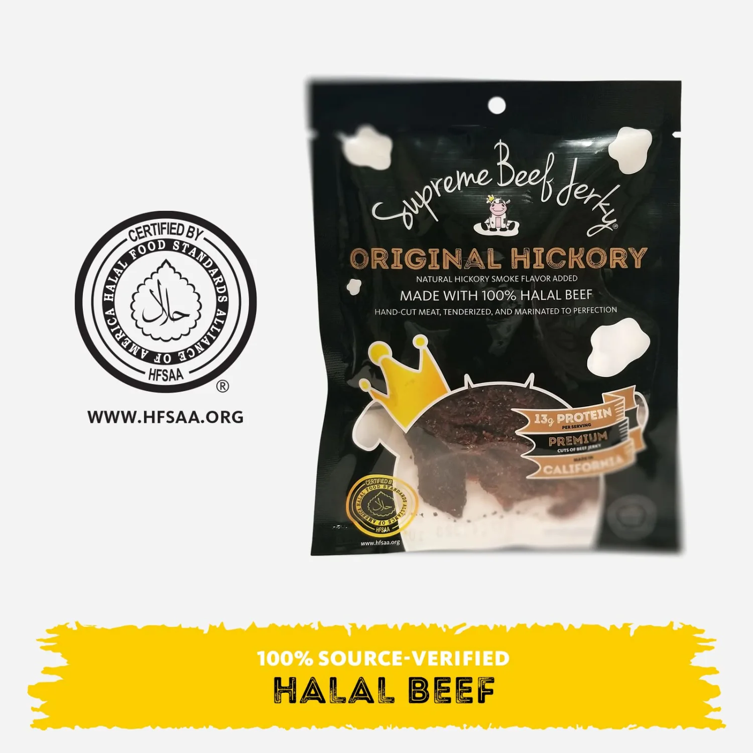 Supreme Beef Jerky, Halal Beef Jerky, Zabiha Halal Certified Beef, Zero Sugar, Handcrafted Gourmet Meat Snacks, 2.5 oz Original Hickory, 2.5 Ounce, Pack of 1