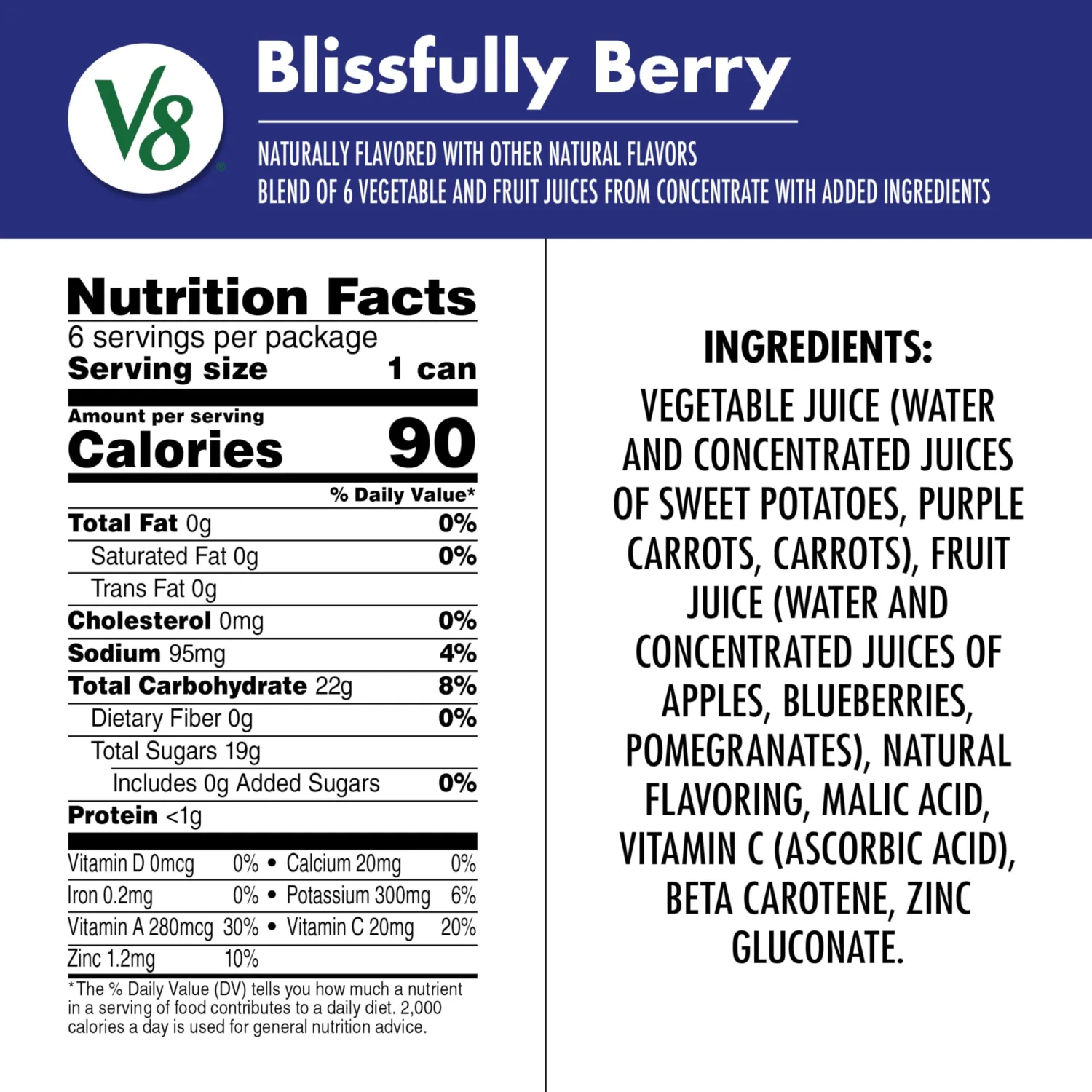 V8 Blissfully Berry 100% Fruit and Vegetable Juice, 8 fl oz Can (6 Pack)
