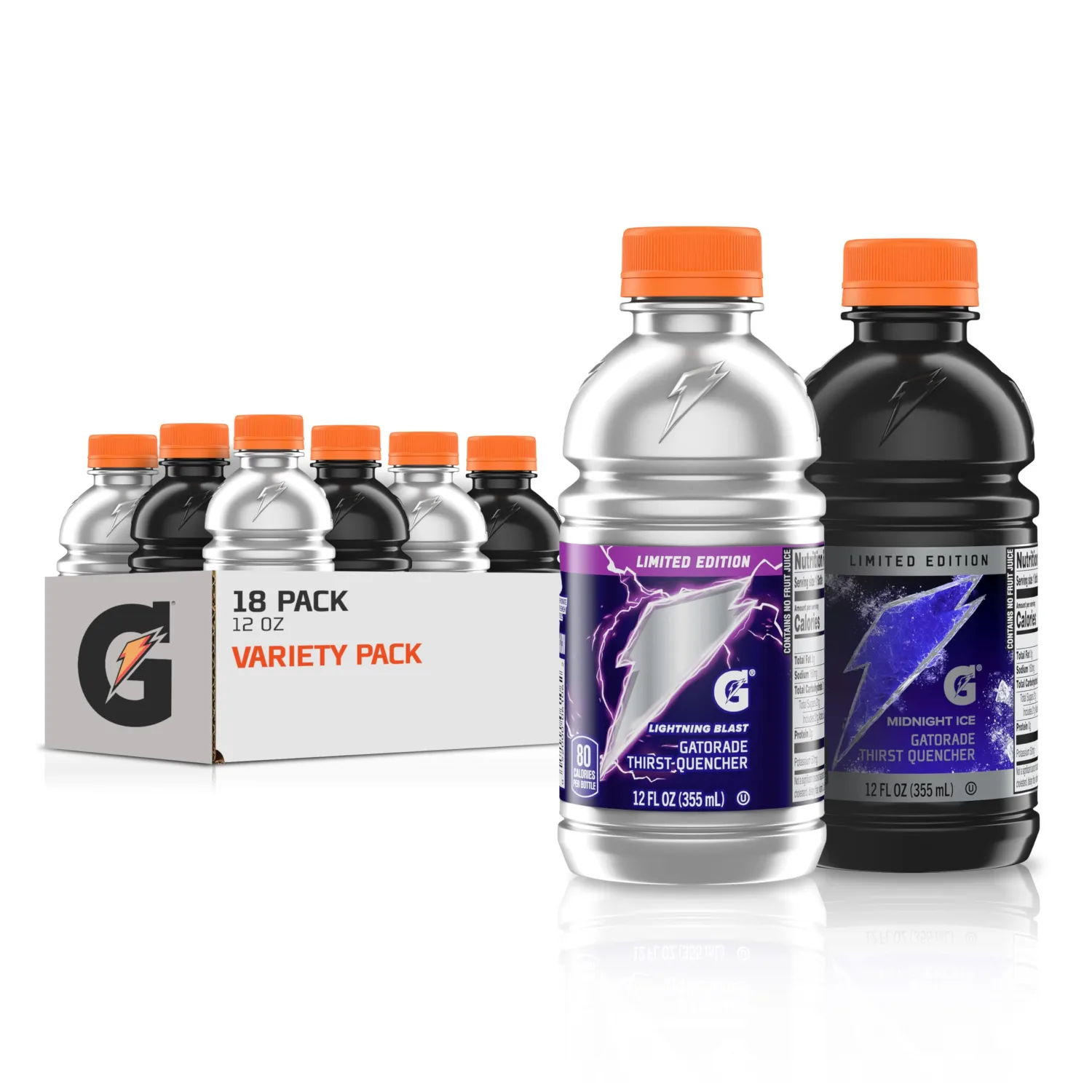 Gatorade Thirst Quencher, Midnight Ice, Lightning Blast Variety Pack, 12 Fl Oz (Pack of 18)
