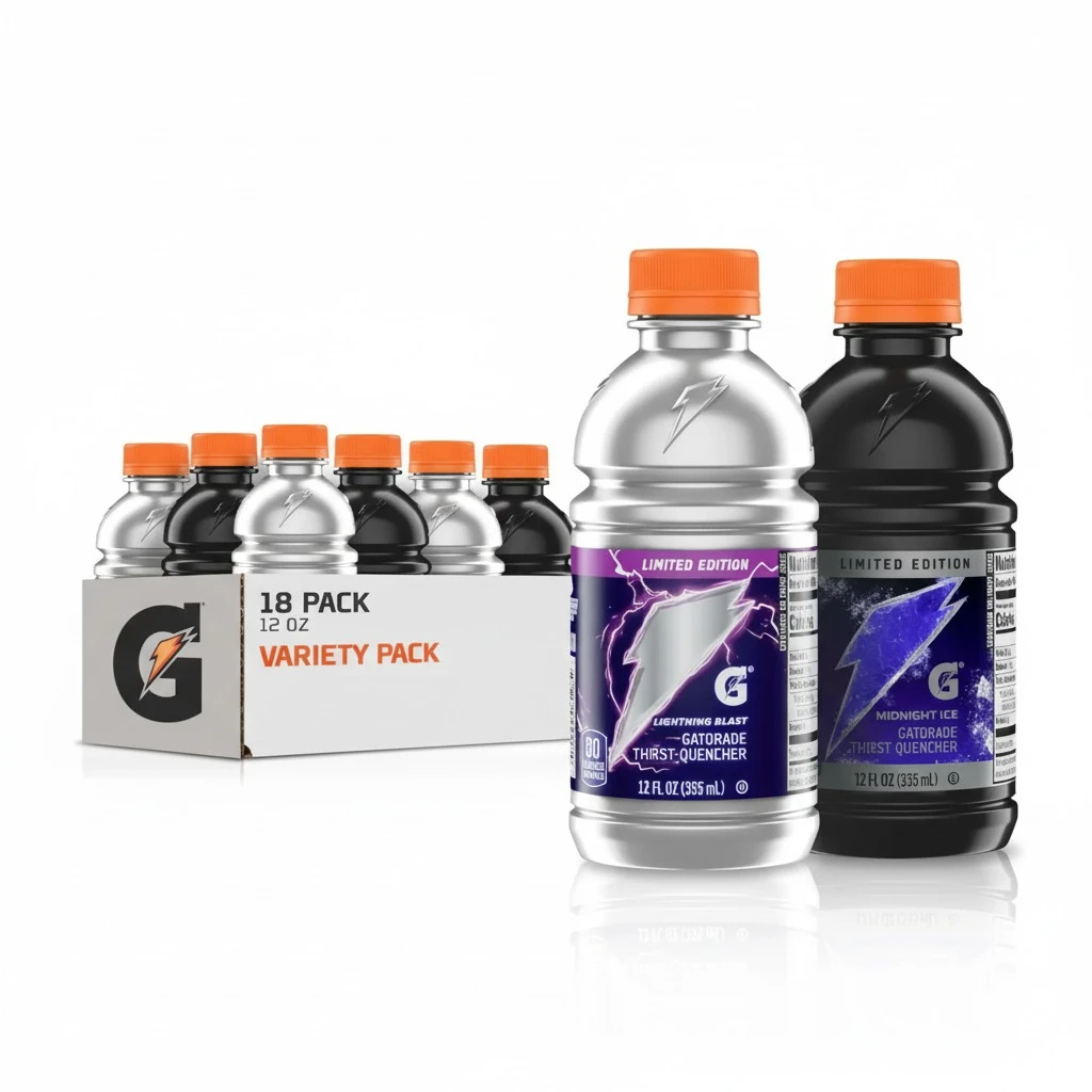 Gatorade Thirst Quencher, Midnight Ice, Lightning Blast Variety Pack, 12 Fl Oz (Pack of 18)