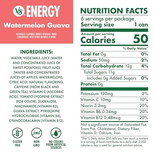 V8 Energy Watermelon Guava Energy Drink, 8 fl oz Can (6 Pack)