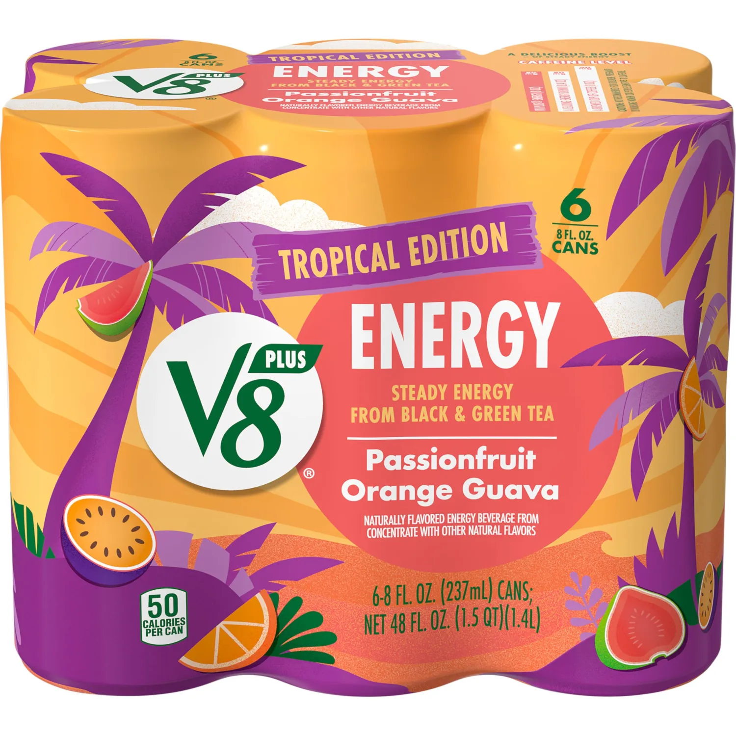 V8 +Energy Passionfruit Orange Guava Juice Energy Drink, 8 fl oz Can (6 Pack)