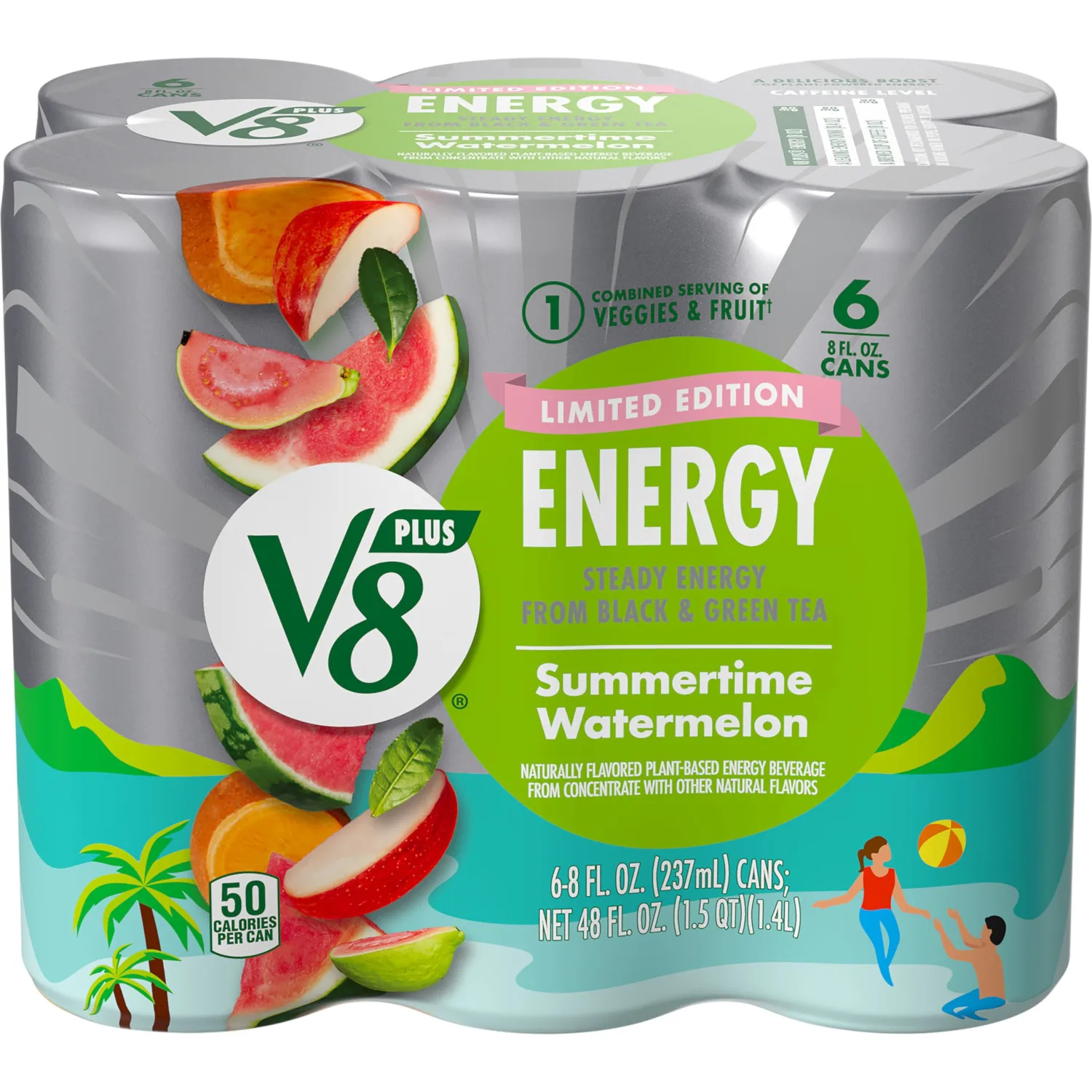 V8 +Energy Limited Edition Summertime Watermelon Juice Energy Drink, 8 fl oz Can (6 Pack)