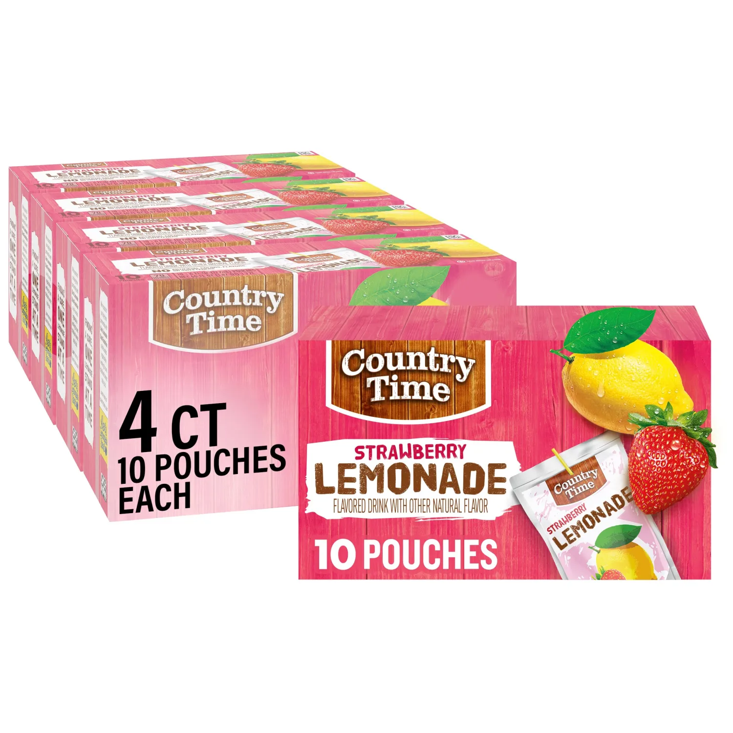 Country Time Strawberry Lemonade Ready to Drink Flavored Drink Pouches, 40 ct Pack, 4 Boxes of 10 Drink Pouches