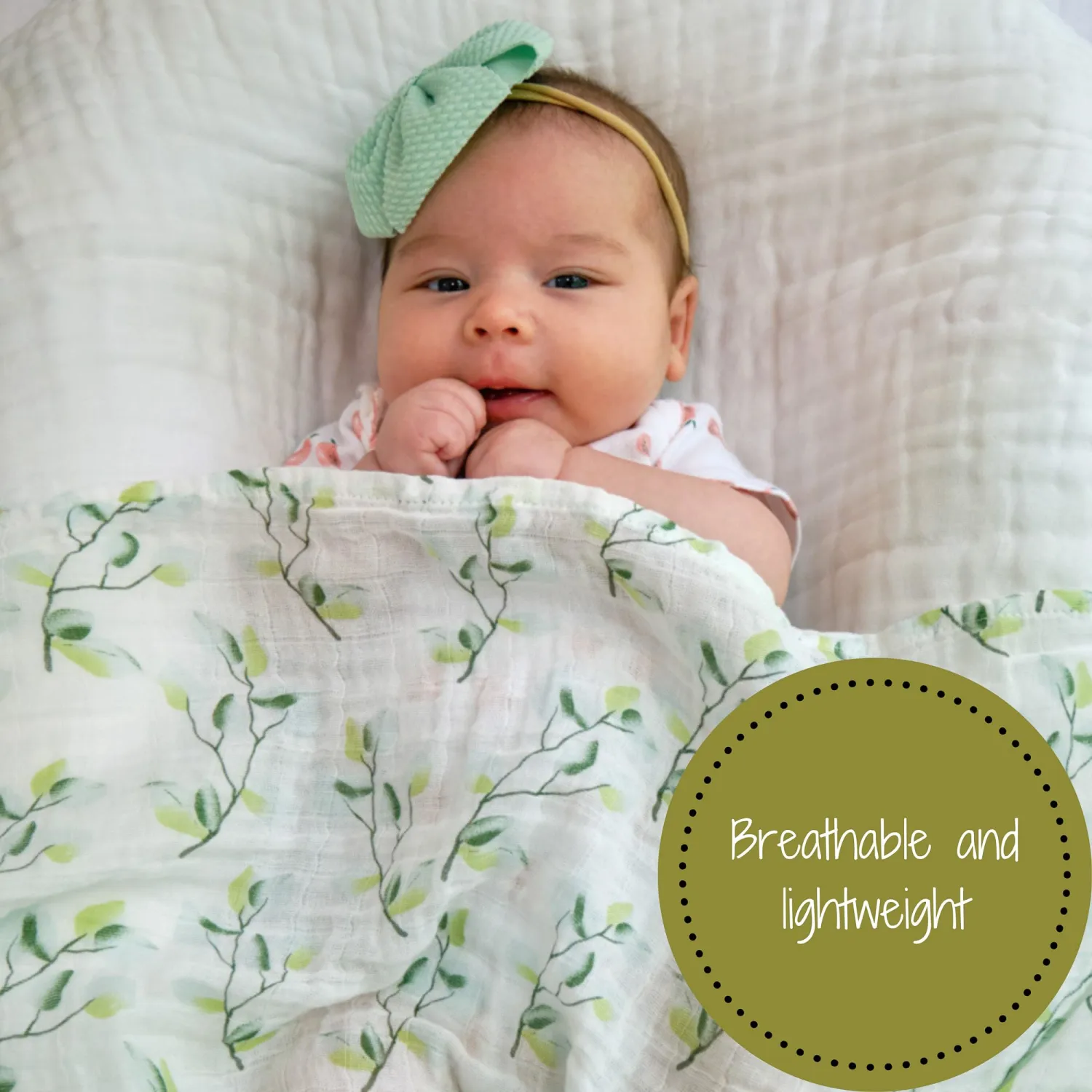LollyBanks Muslin Swaddle Blankets for Girls, Large 47 x 47 Inches Soft Swaddles for Newborns, Breathable and Lightweight 100% Cotton Baby Blanket, Baby Essentials, Registry (Eucalyptus Print)