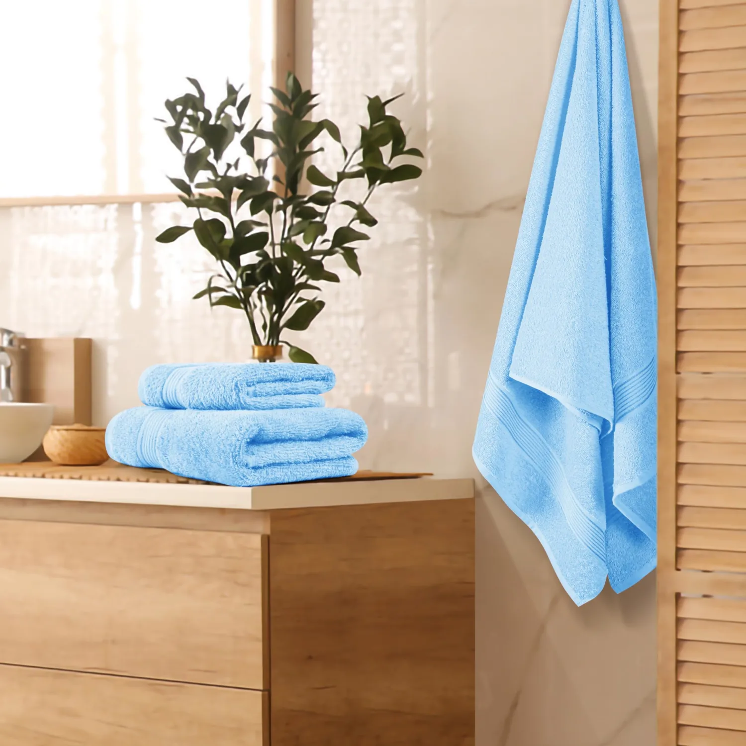 Belizzi Home Ultra Soft 3 Pack Cotton Towel Set, Contains a Bath Towel 28x55 inch, a Hand Towel 16x24 inch & a Wash Coth 12x12 inch, Ideal Everyday use, Compact & Lightweight - Sky Blue