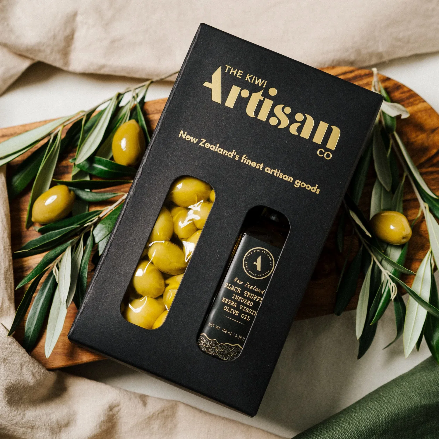 KIWI ARTISAN Truffle Oil Infused Green Olives & Black Truffle Oil, Extra Virgin Olive Oil, Gourmet Gift Set, New Zealand Made (2 Pack)