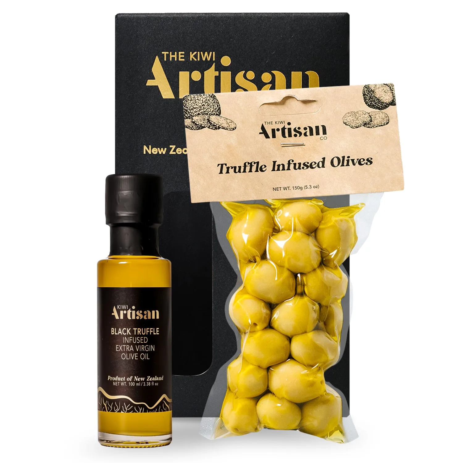 KIWI ARTISAN Truffle Oil Infused Green Olives & Black Truffle Oil, Extra Virgin Olive Oil, Gourmet Gift Set, New Zealand Made (2 Pack)