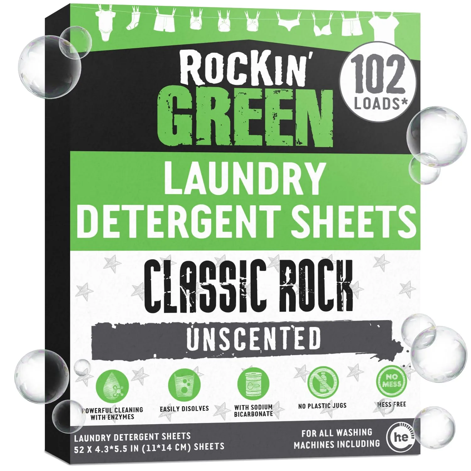 Rockin' Green Travel Laundry Detergent Sheets Unscented - Mess-Free Laundry Sheets Detergent Powerful Cleaning with Sodium Bicarbonate - Easily Dissolvable Laundry Soap Sheet (102 Loads, Unscented)
