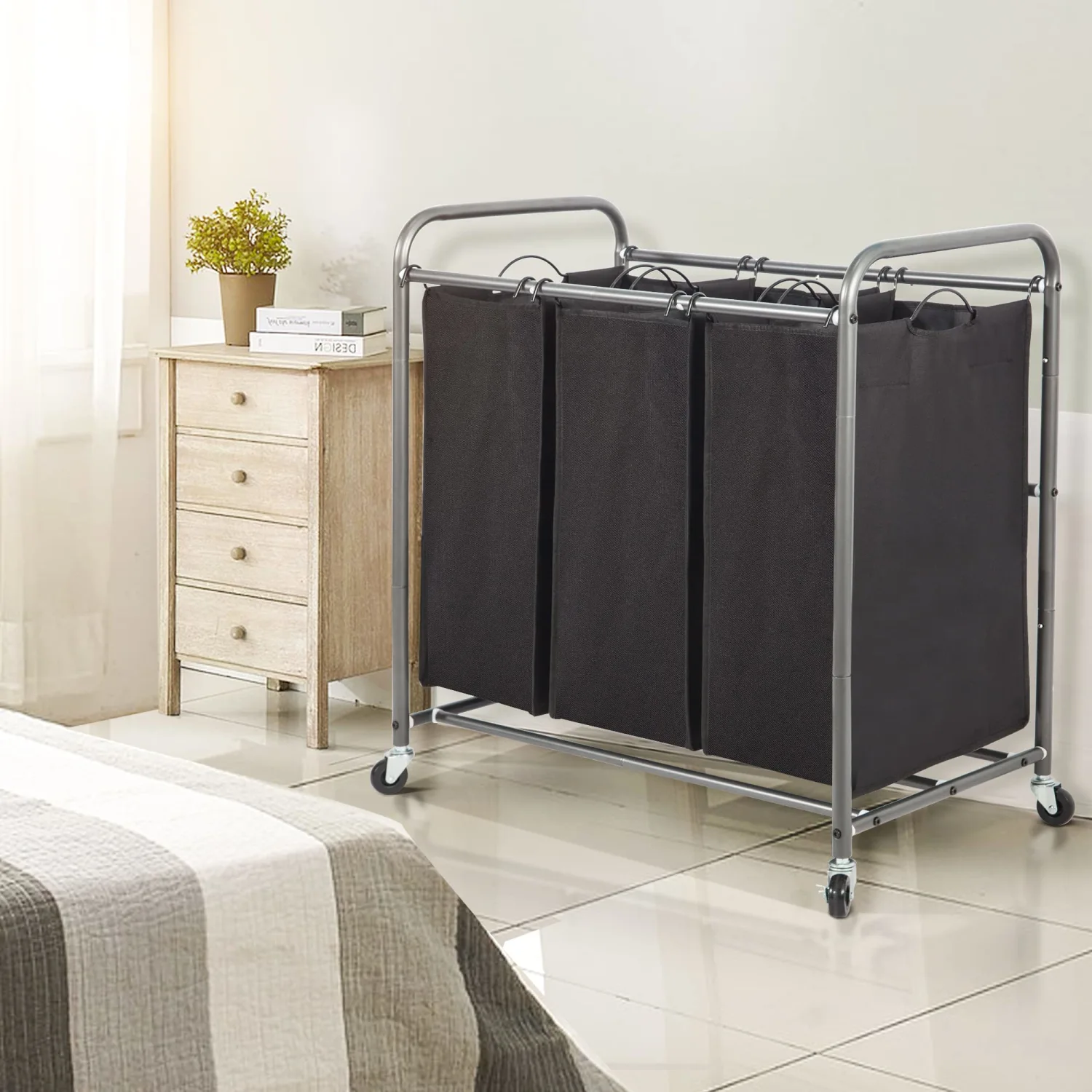 STO STO Laundry Sorter 3 Section, 3 Bag Laundry Hamper, Rolling Laundry Cart, Laundry Basket with Heavy Duty Lockable Wheels and Removable Bag for Clothes Storage, Black