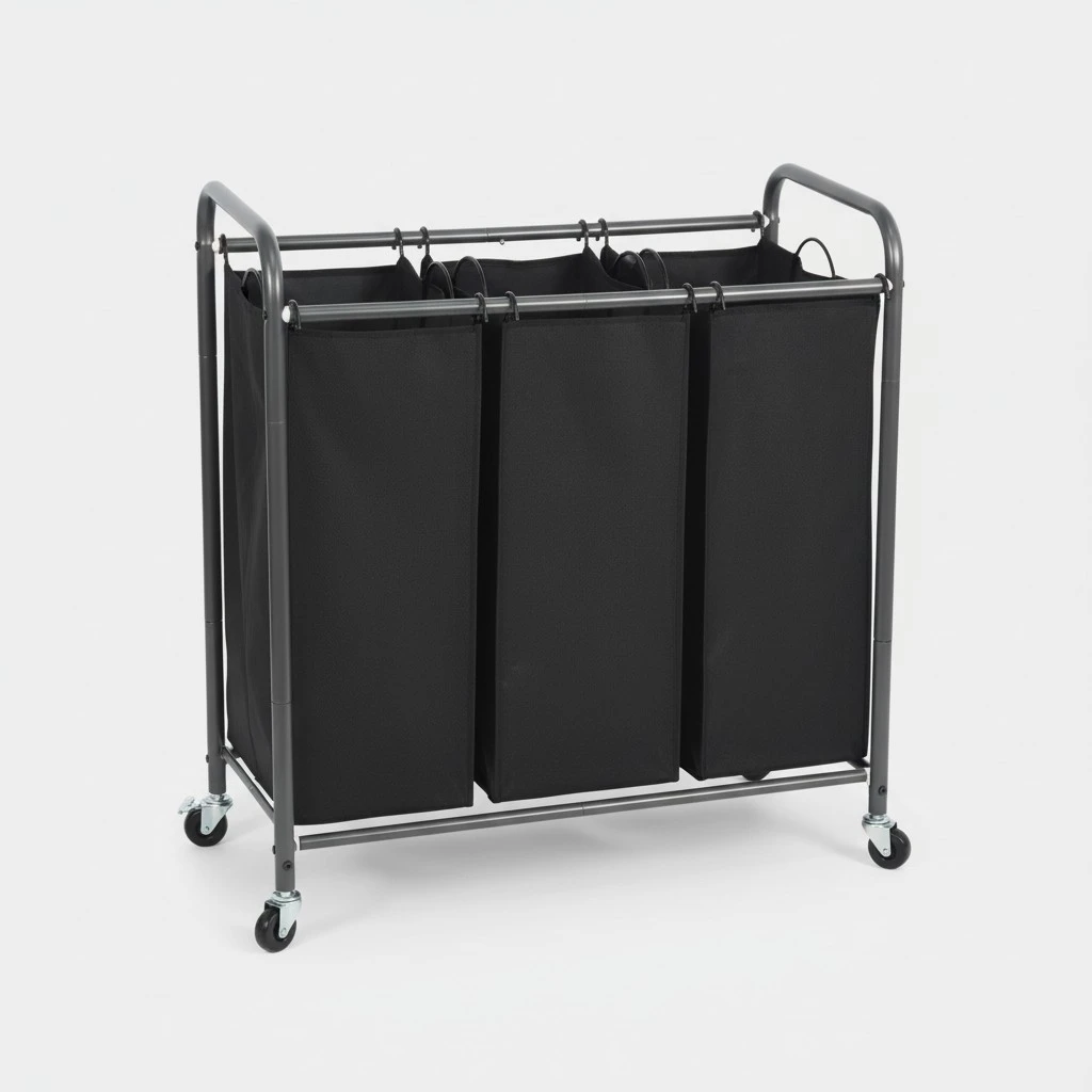 STO STO Laundry Sorter 3 Section, 3 Bag Laundry Hamper, Rolling Laundry Cart, Laundry Basket with Heavy Duty Lockable Wheels and Removable Bag for Clothes Storage, Black
