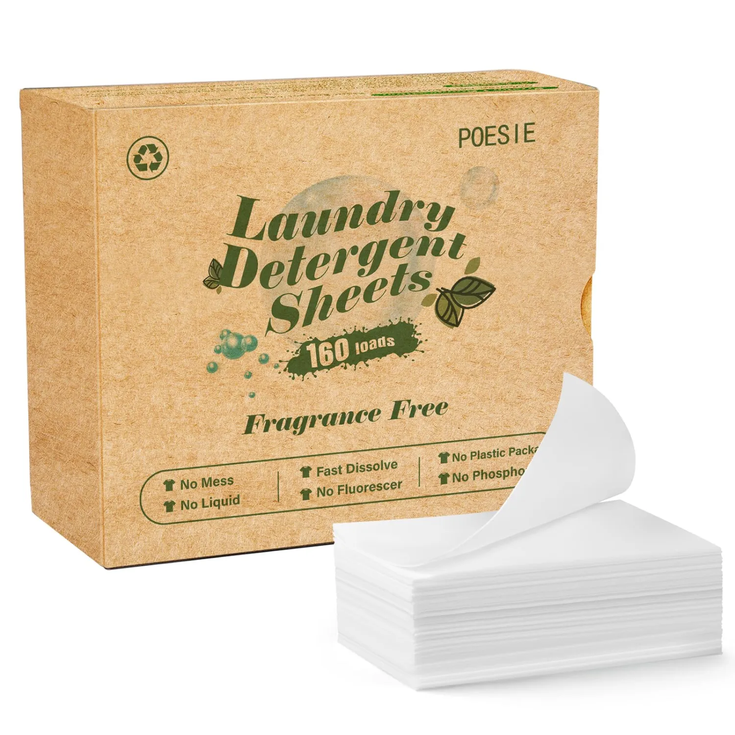 Poesie Laundry Detergent Sheets Detergent Fragrance Free Plastic-Free Precut Zero Waste 160 Sheet Liquidless Washing Sheets for Home Dorm Travel Camping Hiking Portable